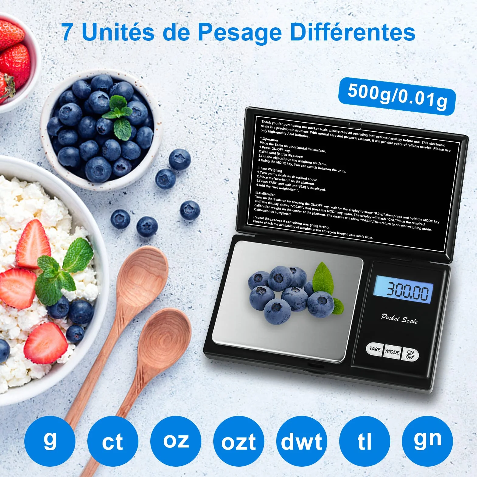 QEIHITYO Bilancia di precisione, 500 g/0,01 g, con display LCD e funzione per caffè erbe, gioielli pietre preziose, 7 unità (2 batterie incluse)