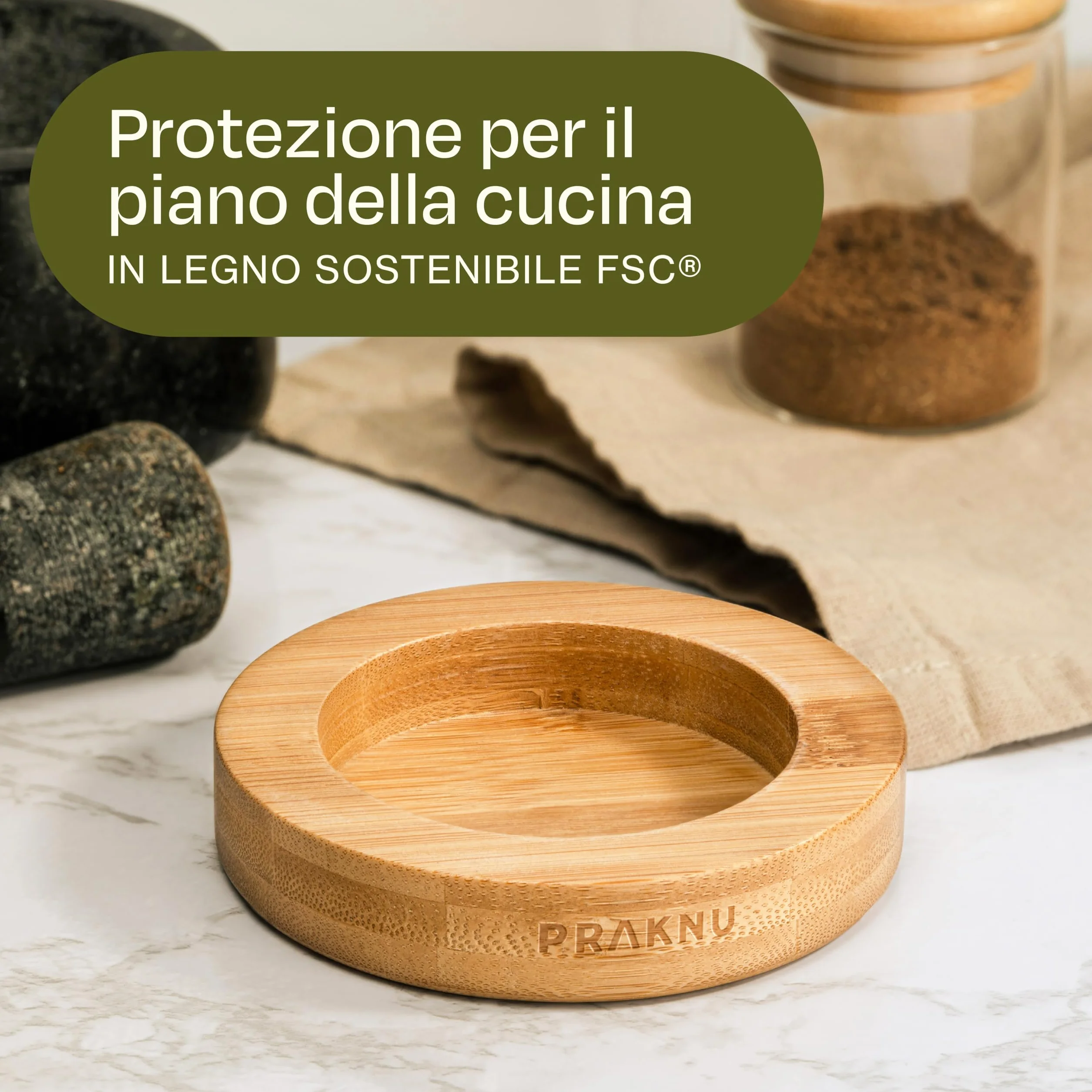 Mortaio con Pestello di Granito 120ml con Protezione per Superficie in Legno FSC®