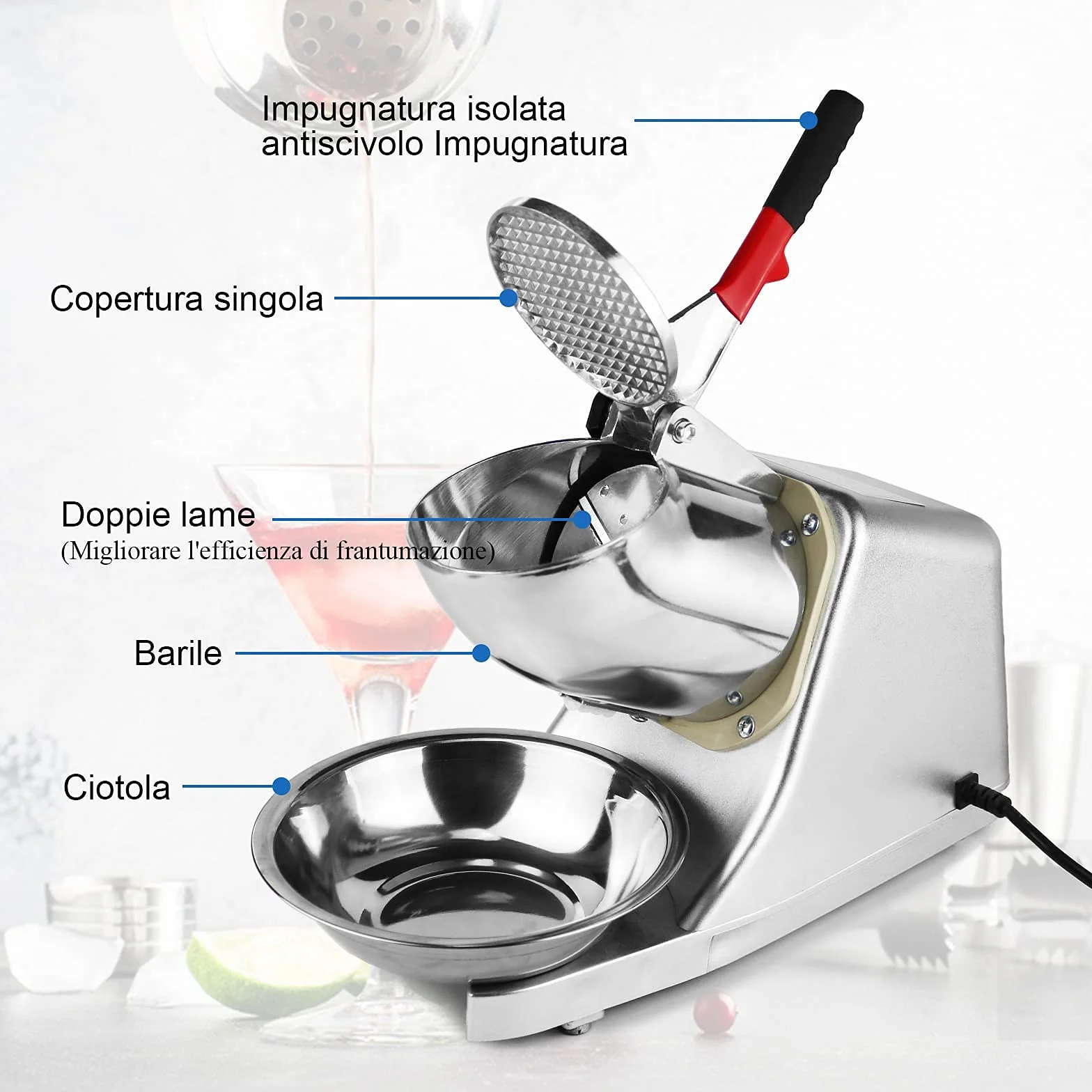 Tosucs Tritaghiaccio Elettrico 300W, 80 kg/h Elettrico Macchina del Ghiaccio con Ciotola,Tritaghiaccio a Doppia Lama, Acciaio Inossidabile,per Uso Domestico e Commerciale(Bianco Argento)