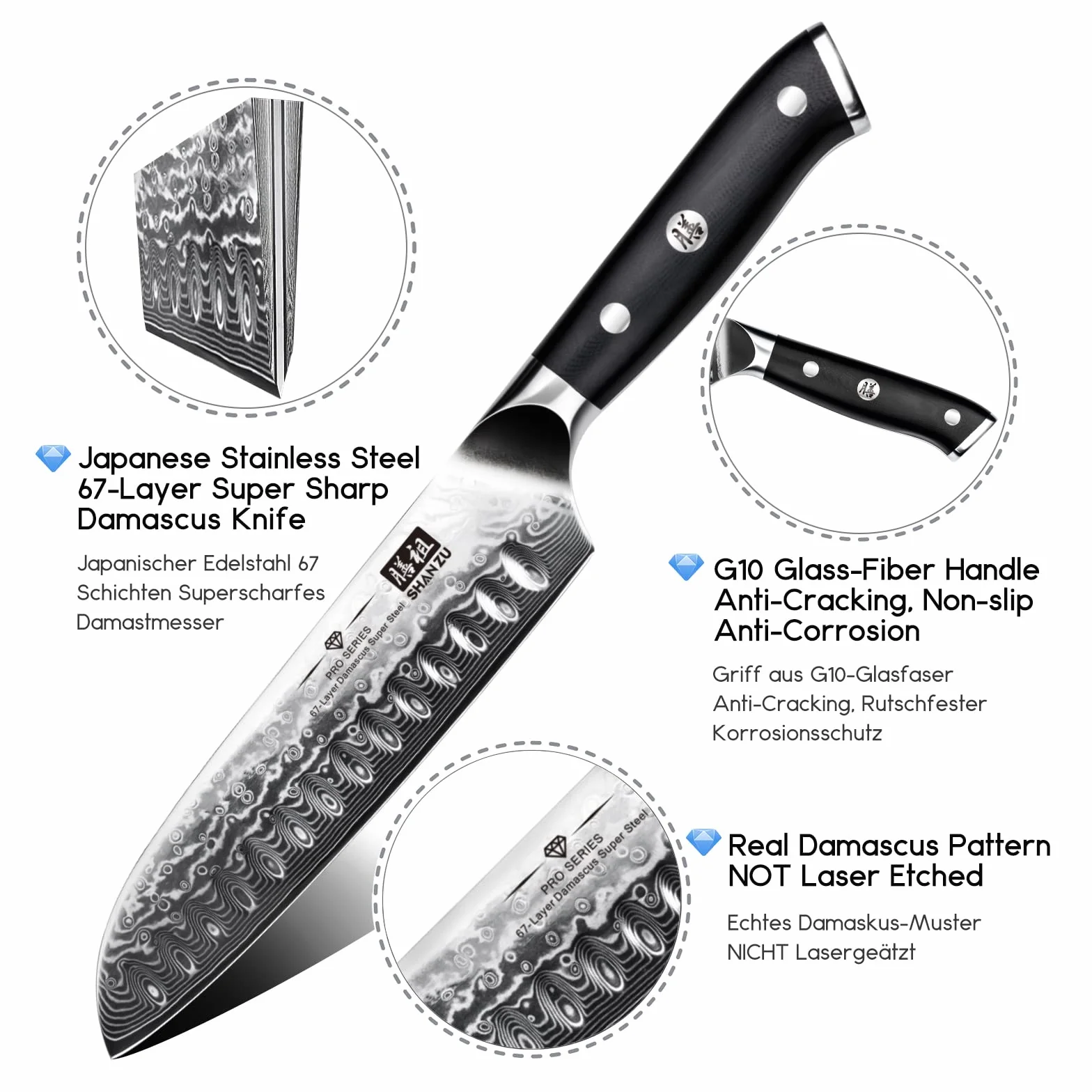 SHAN ZU Coltello Santoku Coltello Santoku da 8 Pollici in Acciaio Giapponese Damasco Coltelli da Cucina Professionali Affilato Super Acciaio ad Alto Tenore di Carbonio 67 Strati con Manico G10