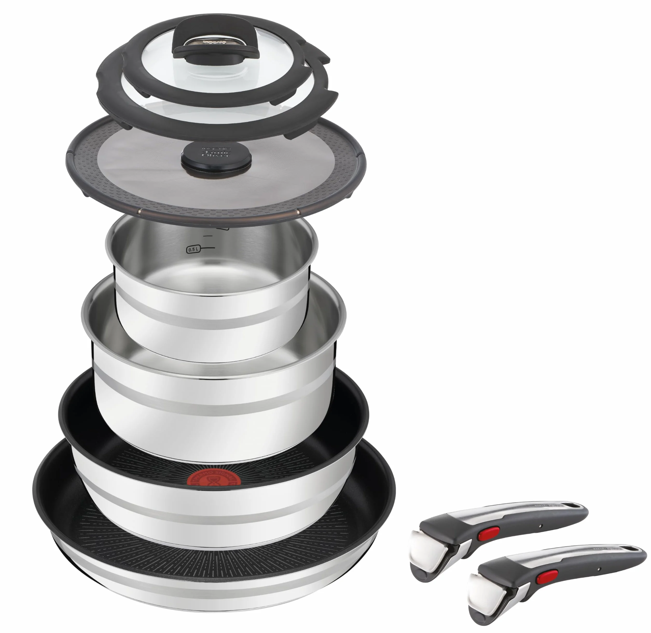 Jamie Oliver by Tefal Ingenio L9769932 - Set da 9 pezzi in acciaio inox, 2 padelle rivestite, 2 pentole, 3 coperchi, a induzione, resistente al forno