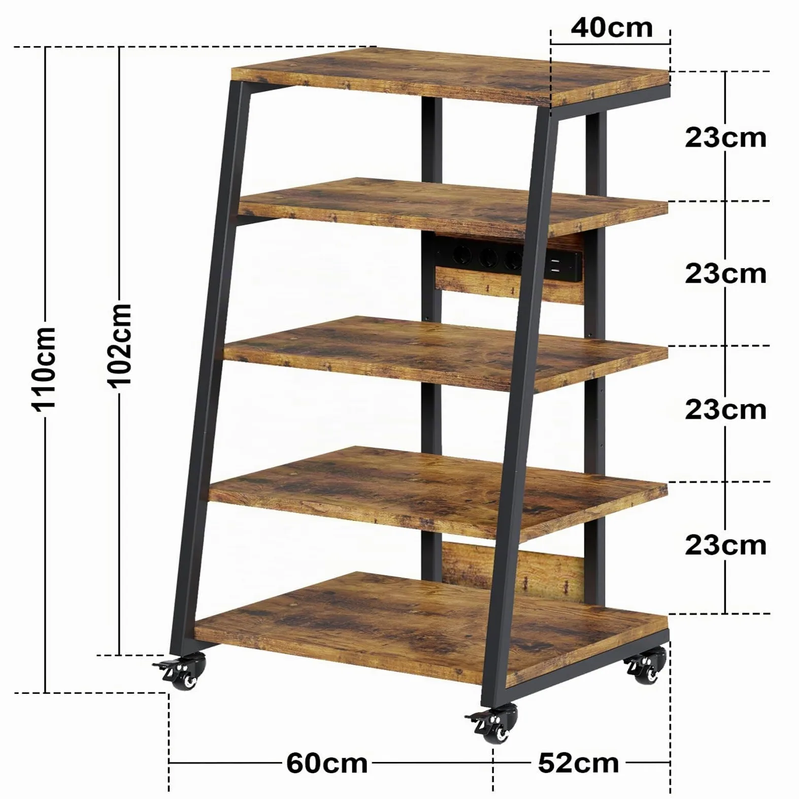 HiFi Rack a 5 livelli con ruote, giradischi, tavolo con ciabattine, luci a LED, ripiano regolabile in legno, supporto multimediale HiFi per impianto audio, impianto stereo, 60 x 52 x 110 cm