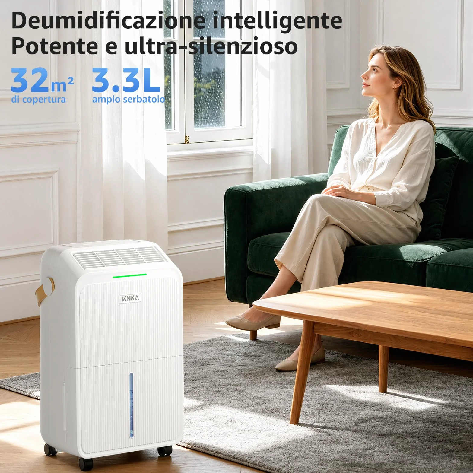 KNKA Deumidificatore, Deumidificatori Casa Muffa, 16L/24H, Serbatoio 3,3L, Basso Rumore, Basso Consumo, Sbrinamento Automatico, Blocco Bambini, Design Anti-Goccia, 4 Modalità, 80m³（32㎡）