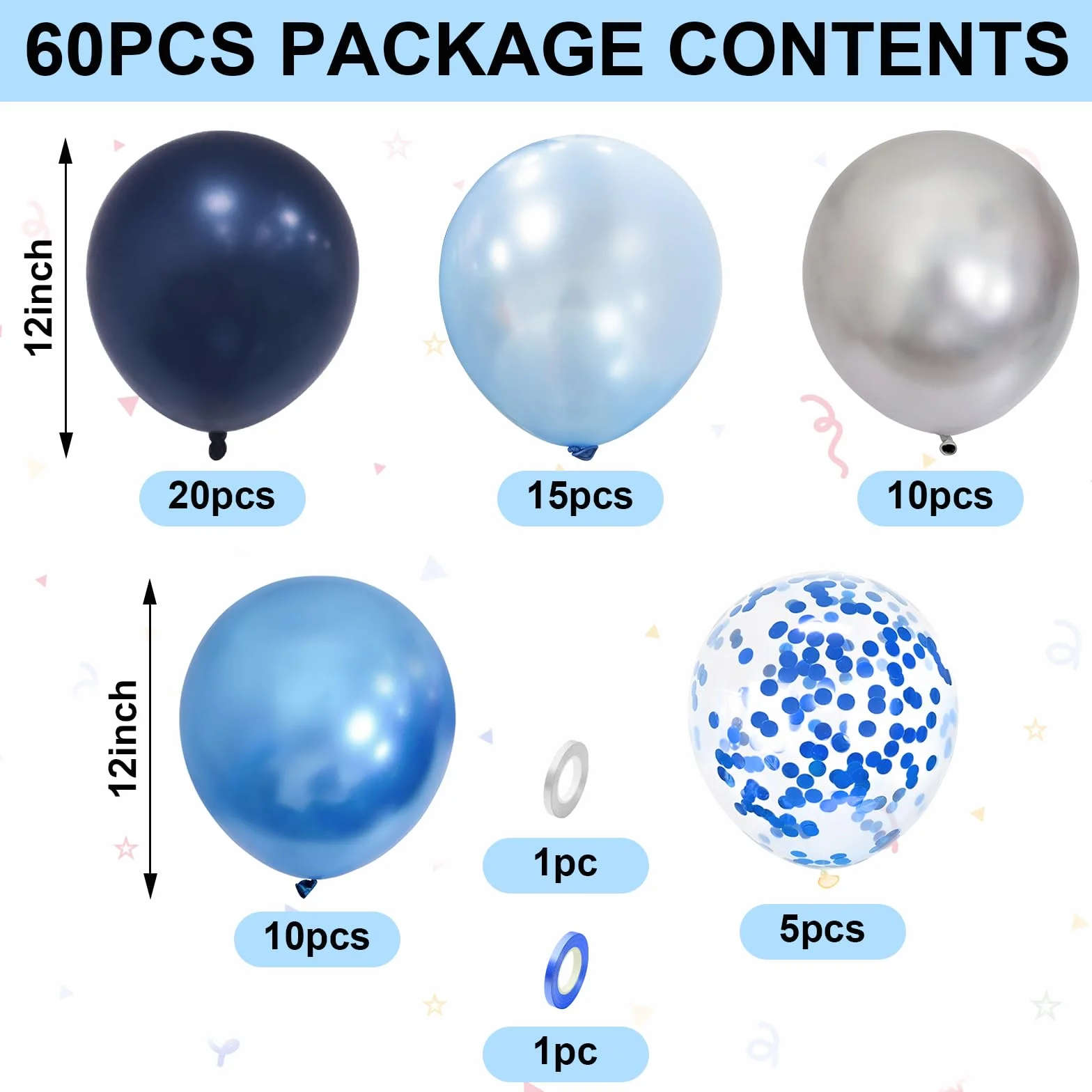 Palloncini Feste Blu Argento, 60 Pezzi 12 Pollici Blu Scuro Perlato Azzurro Metallizzato Blu Argento Palloncini con Coriandoli Palloncini per Compleanno Matrimonio Baby Shower Decorazione Anniversario