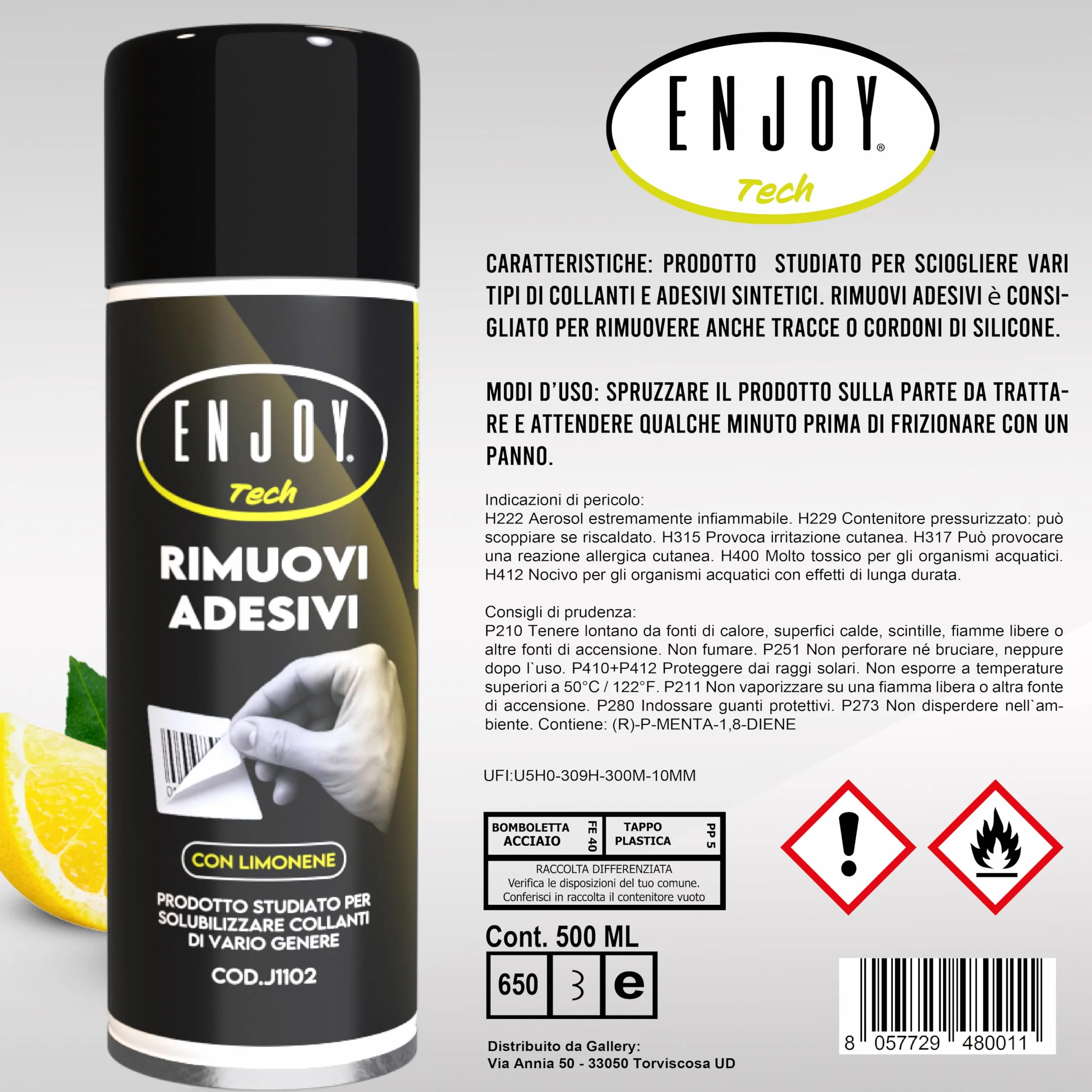 ENJOY TECH - Spray Rimuovi Etichette 500ml | Rimuove Adesivi, Residui di Colla e Silicone da Vetro, Plastica, Metallo e Legno | Sicuro su Superfici, Non Lascia Aloni | Professionale Made in Italy