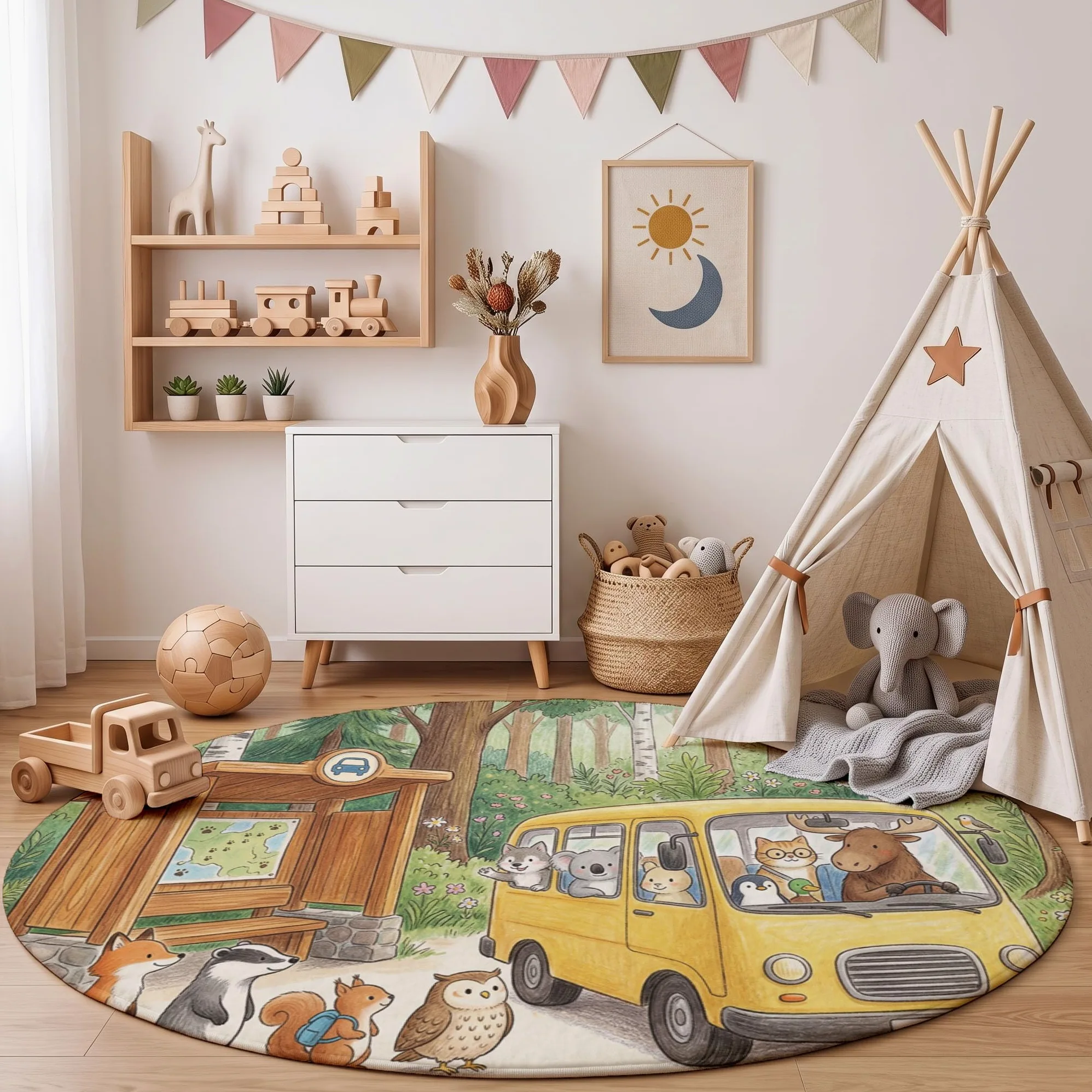 Tappeto Rotondo Bambini In Stile Fiaba Della Foresta Tappeto a Pelo Corto Fox Bus Antiscivolo, Lavabile In Lavatrice per Salotto, Cameretta dei Bambini, Dimensione: 140cm, Verde