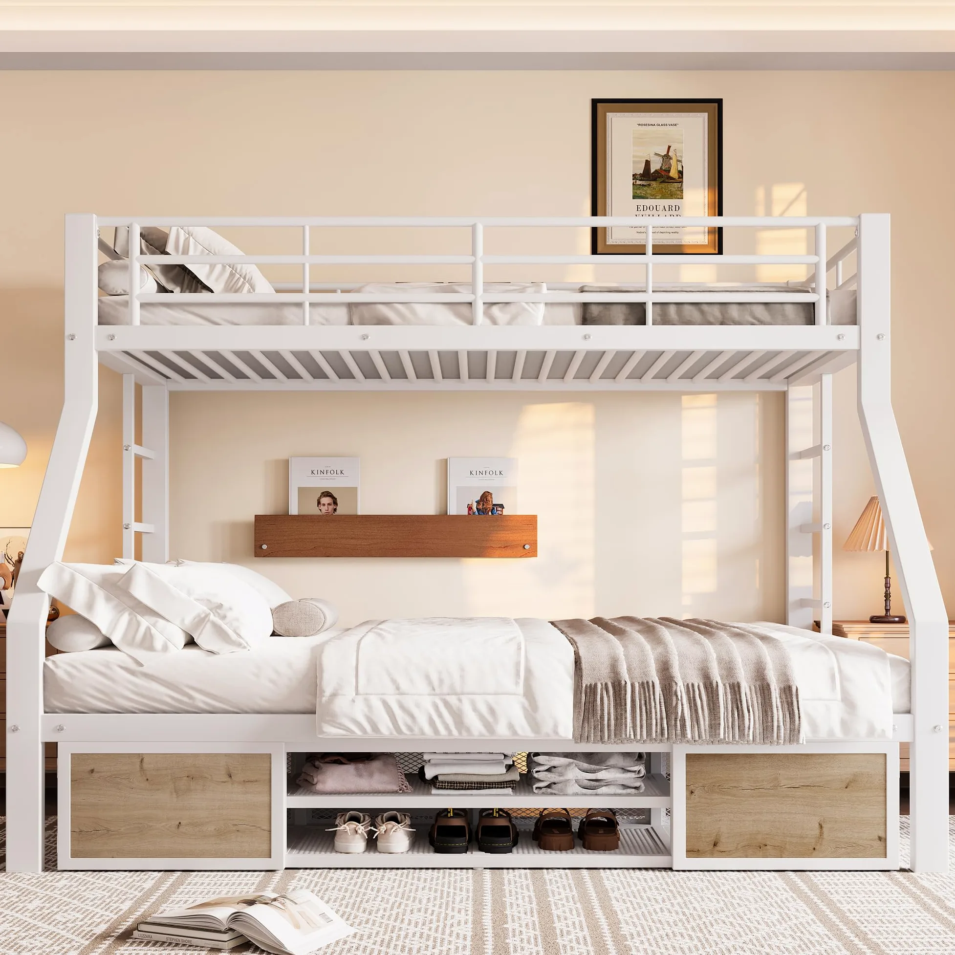 Soweiz Letto a castello 90 x 200 cm, 140 x 200 cm, culla con scarpiera, portaoggetti, ringhiere di sicurezza, scaletta, senza materasso (bianco)