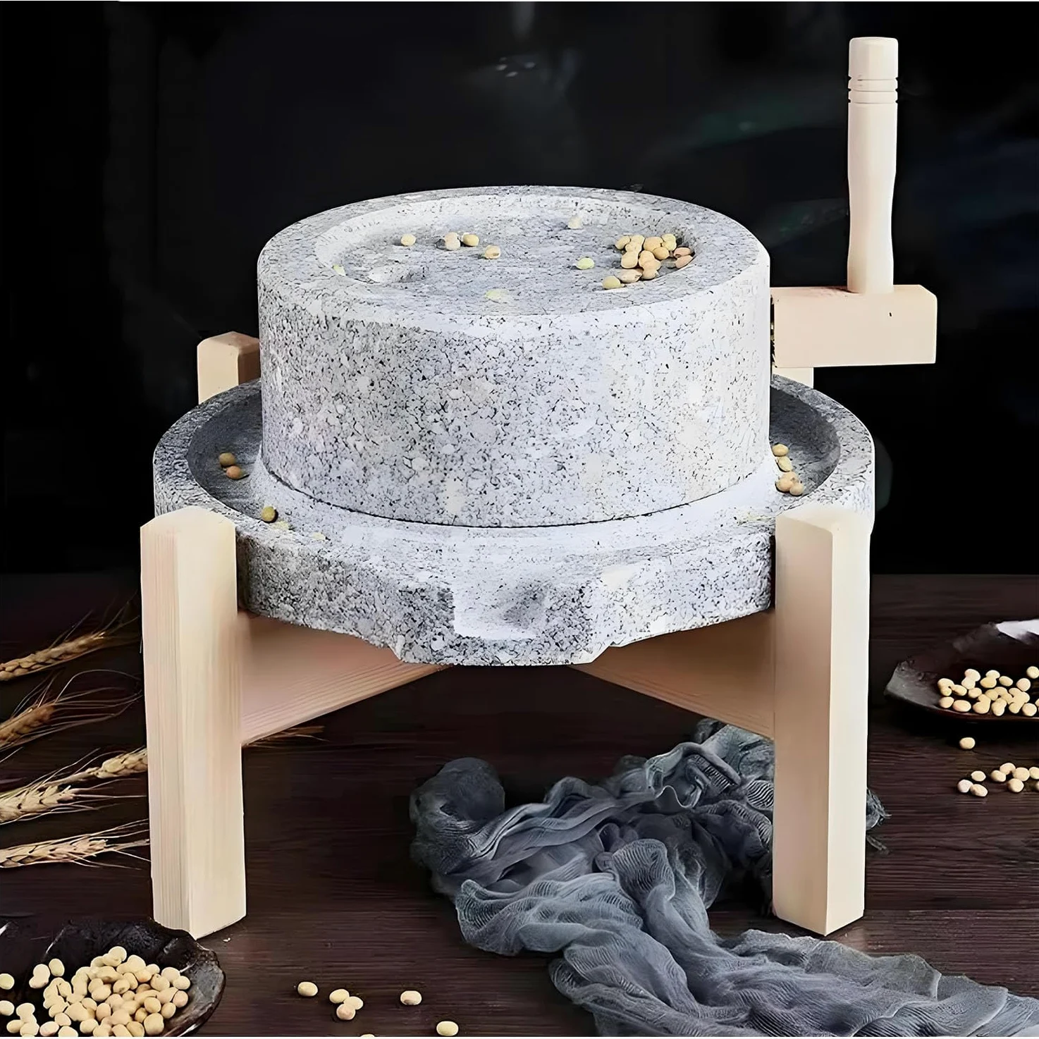 Yinian Mulino a Pietra Fatto a Mano, con Telaio in Legno Macina Tutto, Spice Grinder Machine, Macinino per Frutta Secca, Macinino Artigianale Domestico per Cereali, Fagioli E Orzo(Size:35cm)