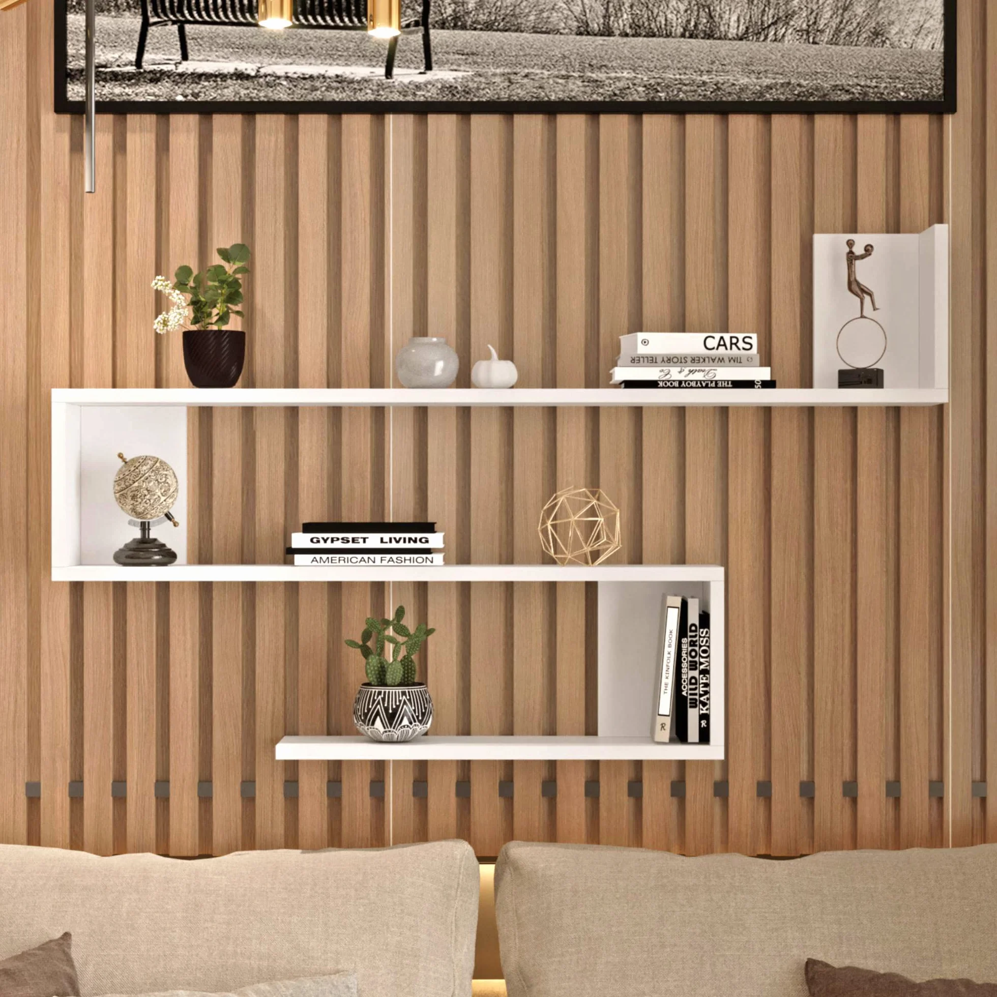 Mensola da Parete a S con 3 Ripiani Scaffale a Muro Libreria Pensile 72 x 120 x 15 cm Bianco