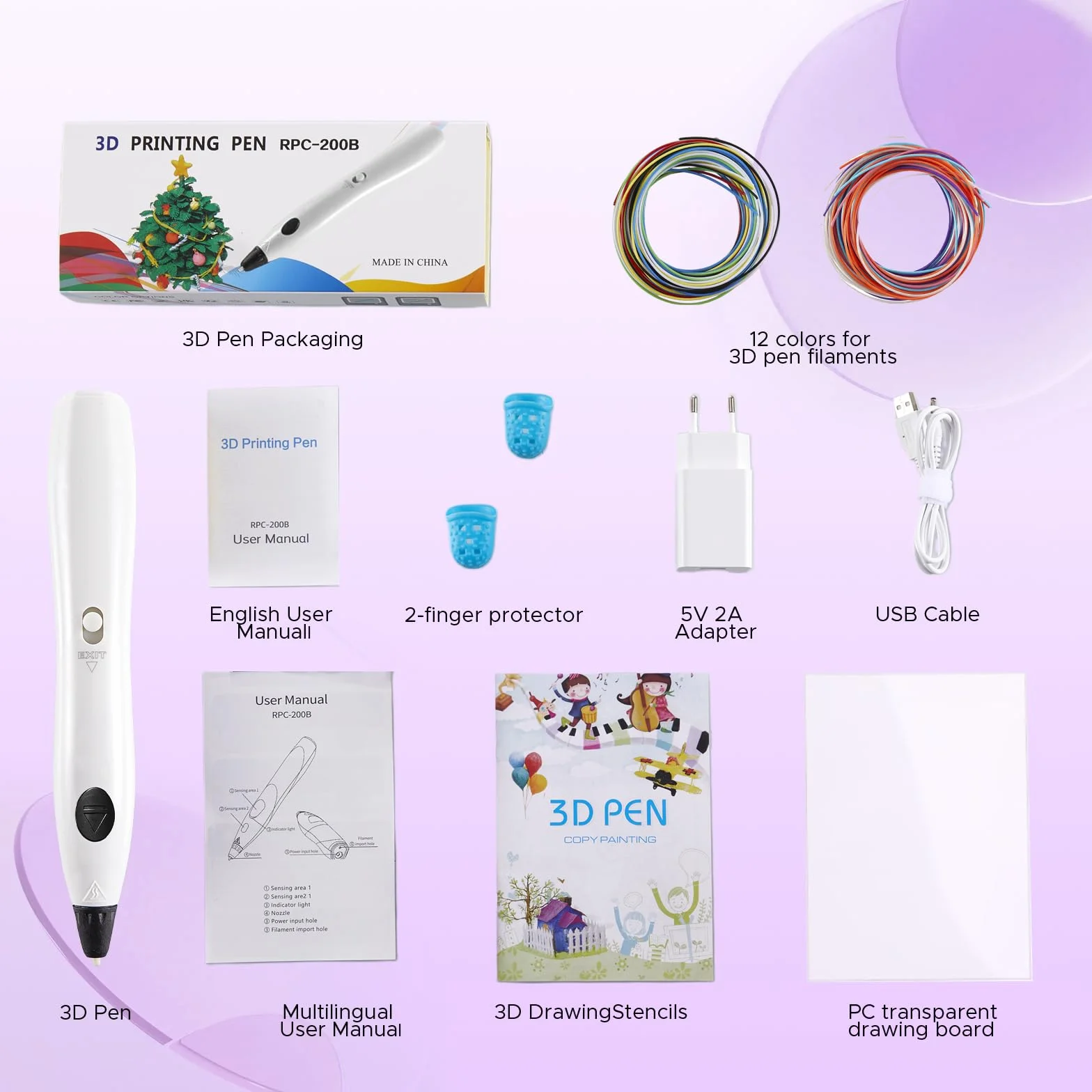 Set di penna 3D RPC200B con filamento PLA 12 colori, protezione dita, stencil, compatibile PLA fai da te bianco