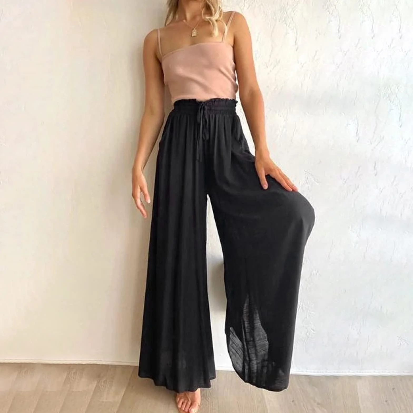 Gonna Pantalone Donna A Gamba Larga Pantaloni Donna Estivi Casual Elastica Vita Alta Larghi Leggeri Pantalone Boho Eleganti Gamba Larga Pantaloni Palazzo Da Spiaggia Con Coulisse Pants Con Tasche