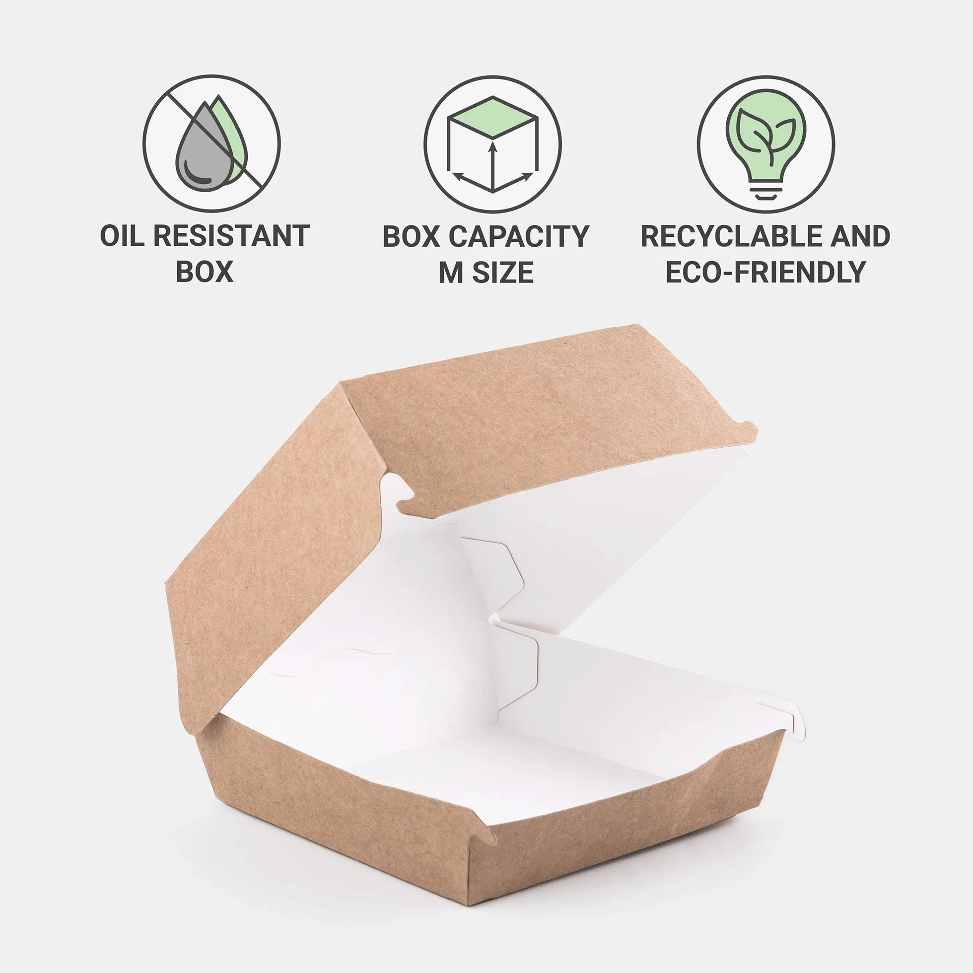 Confezione Kraft da 50 scatole hamburger Contenitore Fast Food da asporto, usa e getta, a prova di perdite, riciclabile ecologico (50, M)
