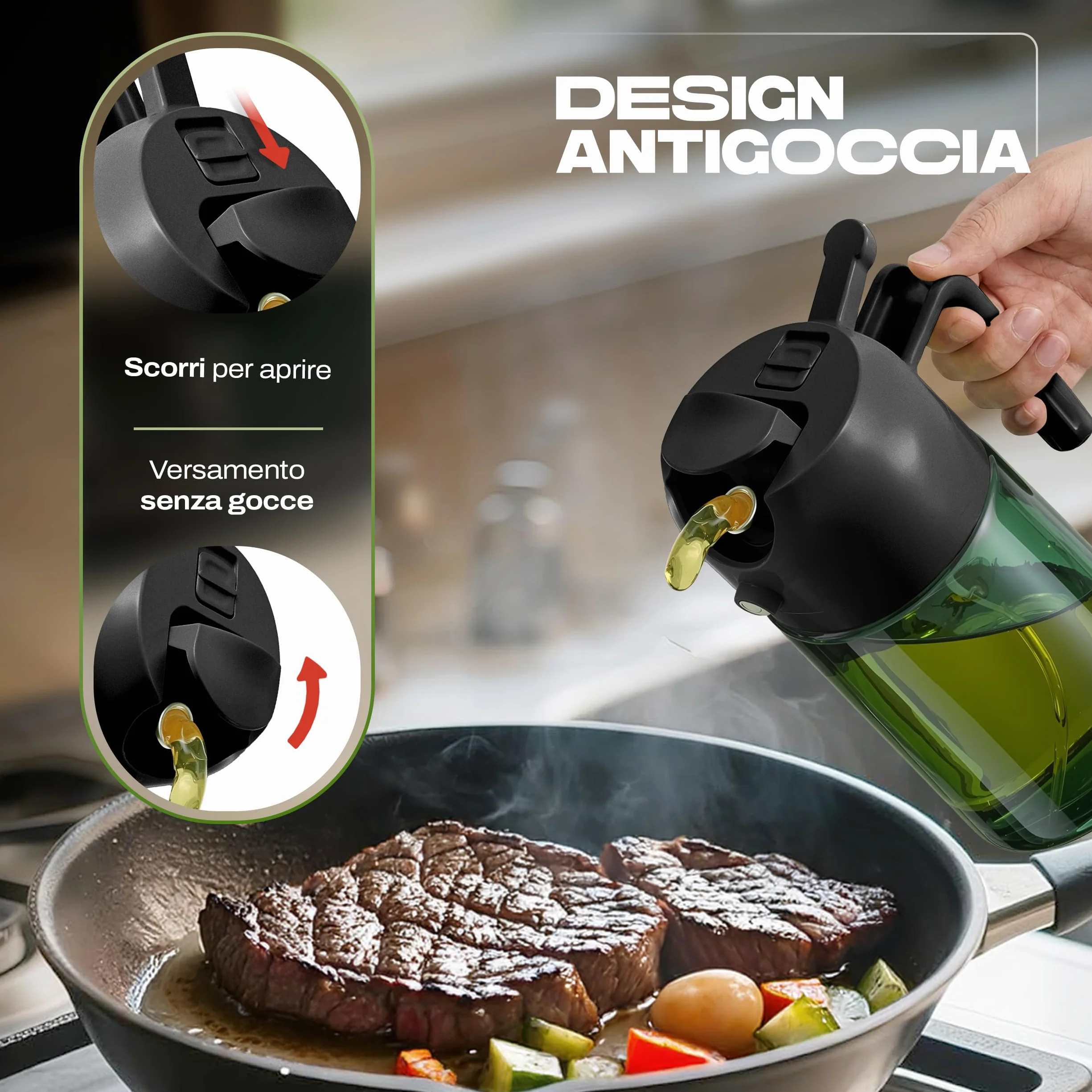 PORTENTUM Spruzzino olio per friggitrice aria 470 ml 2 in 1 spray e versamento – Oliera spray vetro verde protezione dalla luce – Nebulizzatore insalate e grigliate