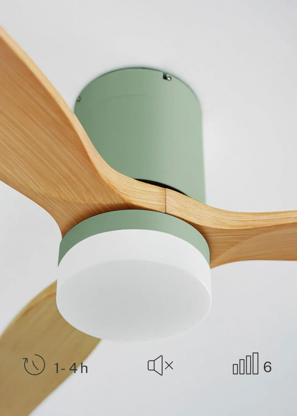 CREATE / WINDCALM M/Ventilatore da soffitto ABS con luce verde sage pale effetto legno chiaro e telecomando / 40W, Silenzioso, Ø132 cm, 3 temperature di luce, temporizzatore, funzione estate-inverno
