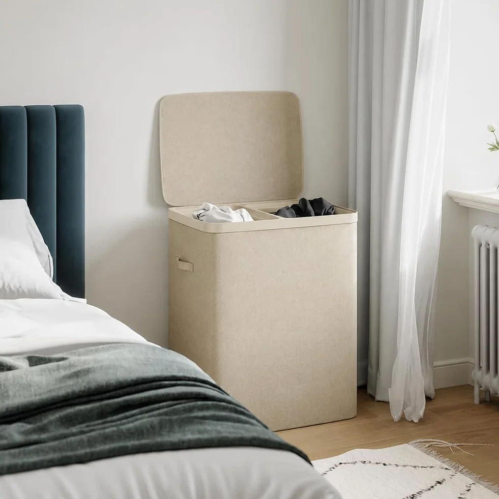BAKAJI Cesto Portabiancheria Sporca a 2 Scomparti, Cestino Doppio in Poliestere con Sacchi Estraibili per Biancheria e Bucato con Maniglie, Coperchio Antiodore, 56 x 40 x 67 cm (Beige)