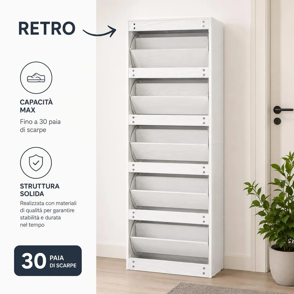 BAKAJI Scarpiera 5 Ripiani Salvaspazio in Legno 63x24x170 cm Bianco