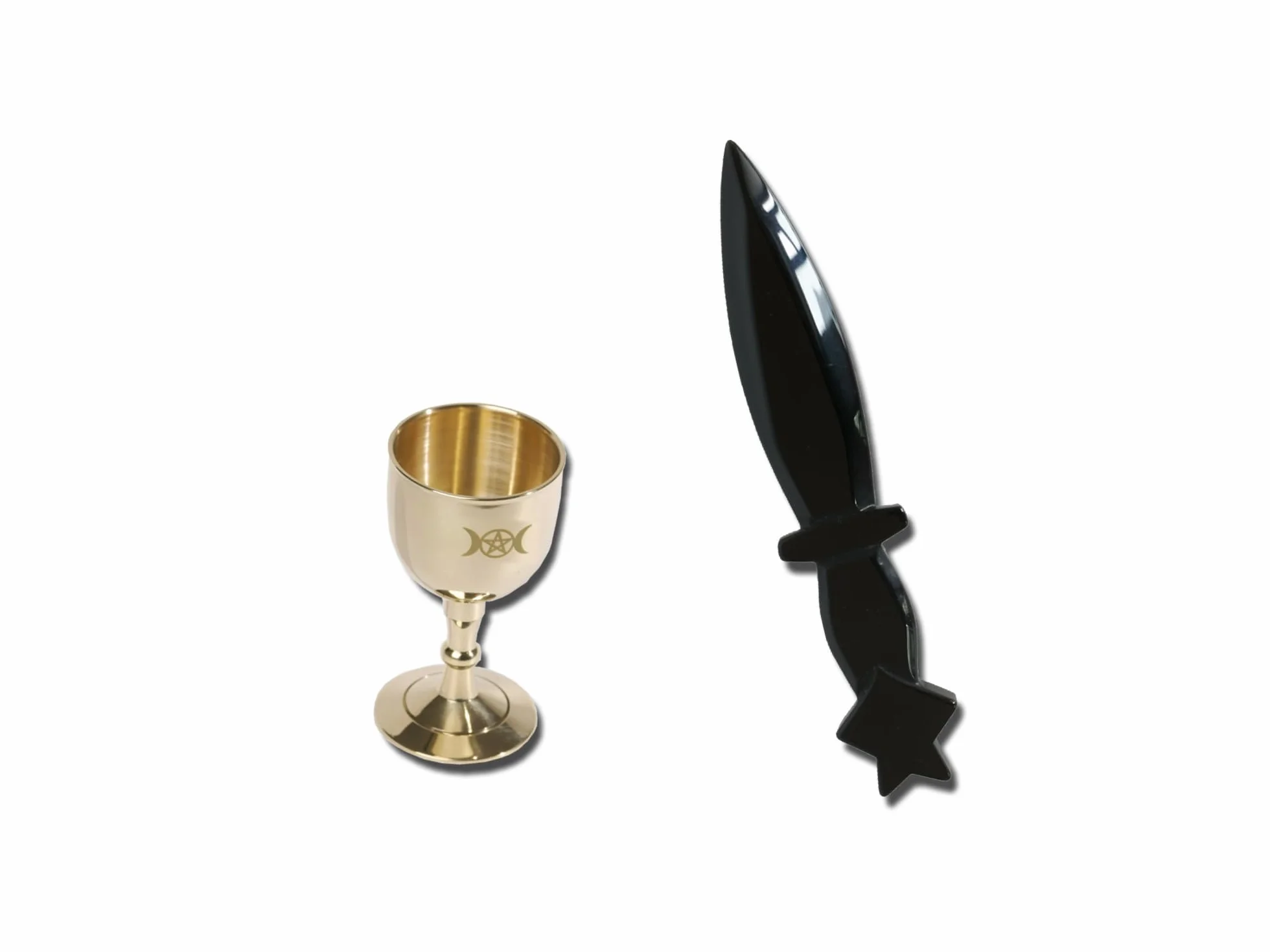 Set Wicca con Athame in Ossidiana e Calice in Ottone, Pentacolo con Gemma Nera, Forniture e Strumenti Wiccan per Altare (Athame e Calice)