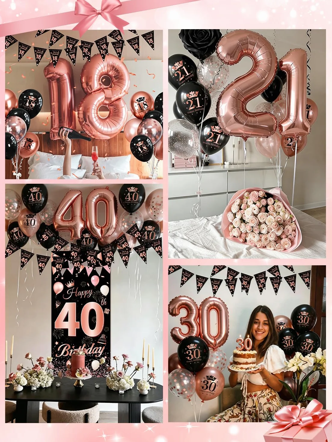 Palloncini 18 Anni Compleanno Ragazza, Compleanno 18 anni Decorazioni Oro Rosa e Nero, ghirlande Happy Birthday, Festone Buon Compleanno per Feste 18 Anni Ragazza