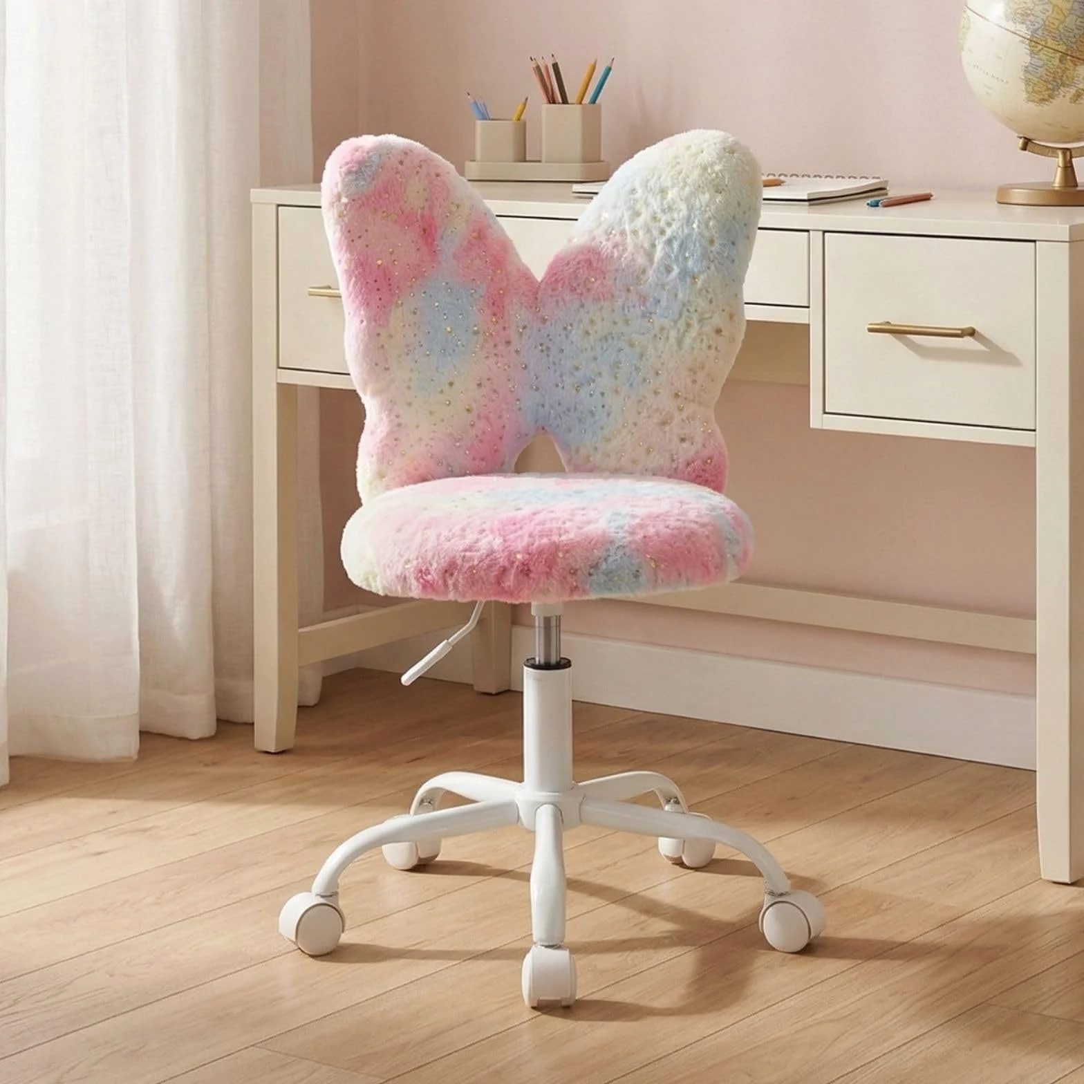 chairus Sedia Scrivania Bambina a Forma di Farfalla, Rosa | Sedia da ufficio per Bambini in Pelliccia Sintetica con Seduta Girevole Poltrona Altezza Regolabile per Studenti