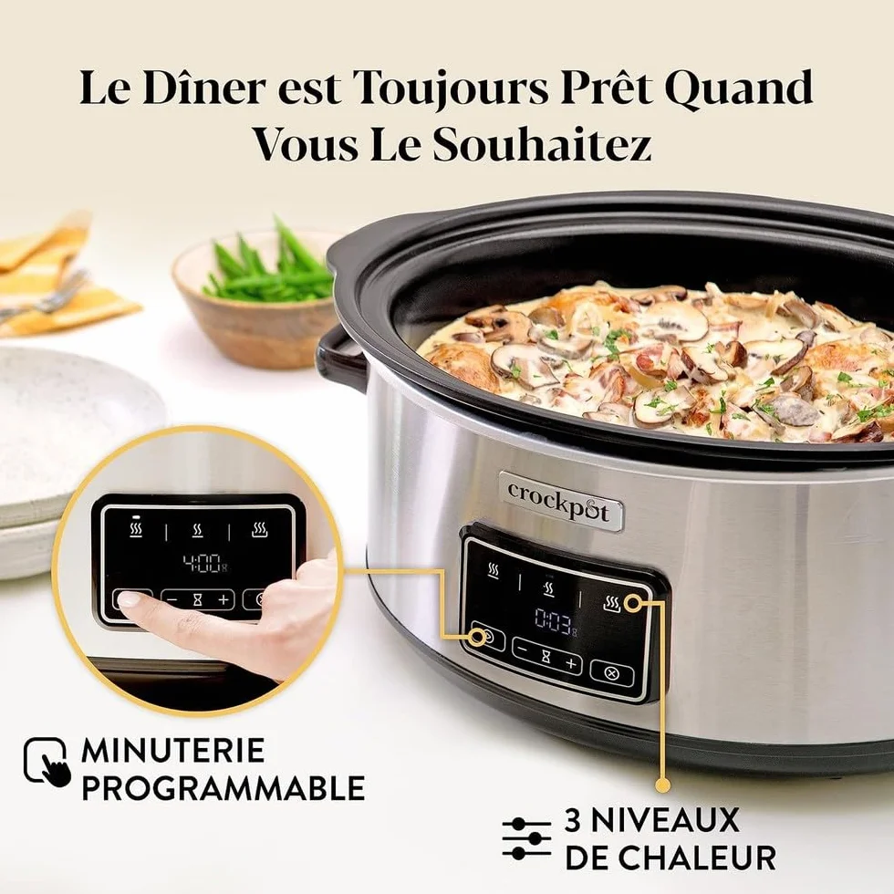 Crockpot Sizzle & Stew Digital Slow Cooker 3.5 L (3-4 persone) Ciotola rimovibile a induzione per la cottura di carni e verdure, presa UE a 2 pin, acciaio inossidabile [CSC112X]