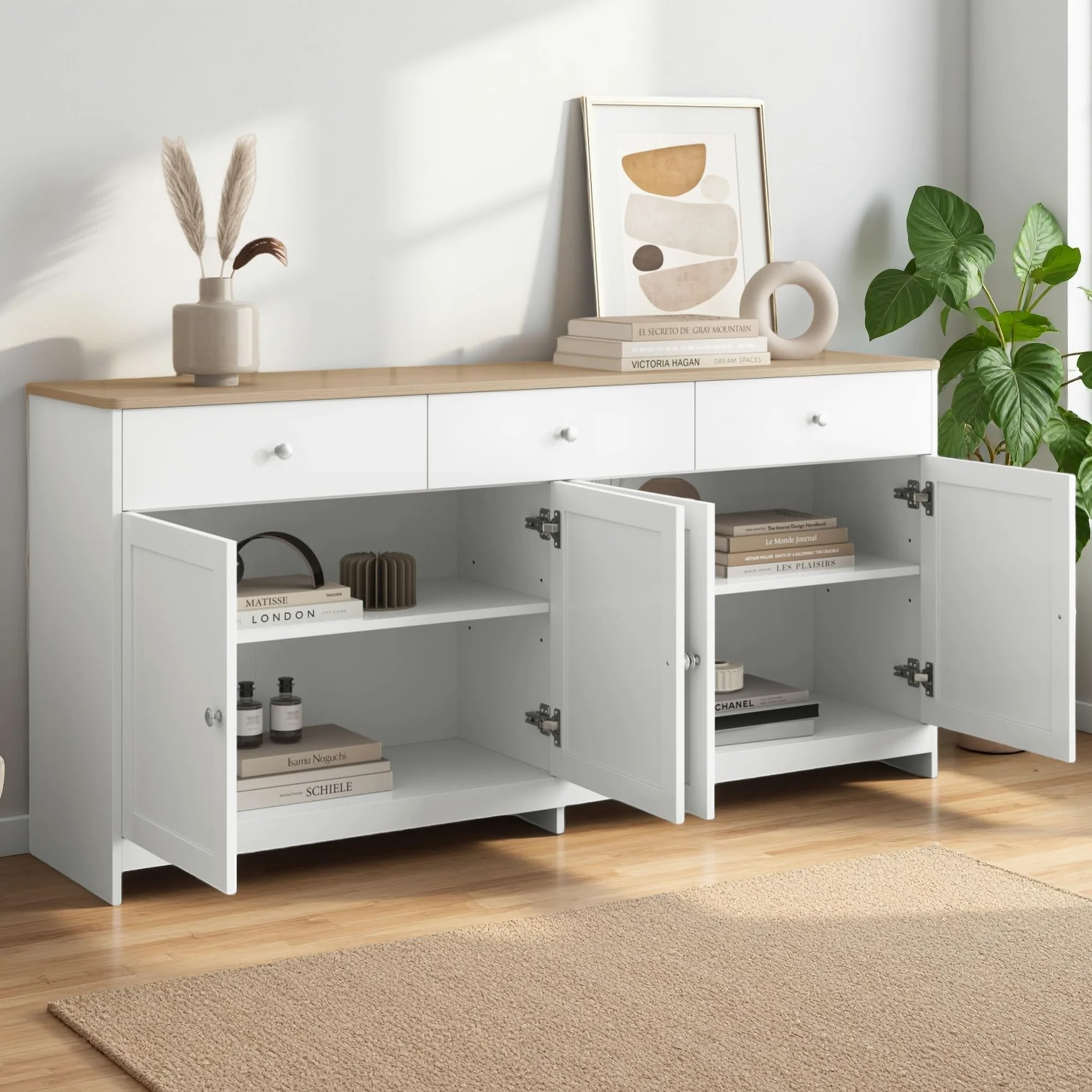 Credenza, cassettiera con 4 ante e 3 cassetti, credenza con ripiani regolabili, armadietto a buffet, per soggiorno, sala da pranzo, cucina, corridoio, natura e bianco (bianco, 160 x 37 x 75)