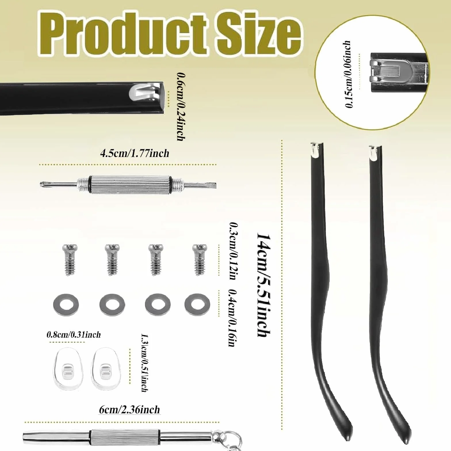 Kit riparazione occhiali aste universali 14 cm cacciavite viti rondelle naselli bracci ricambio plastica leggera