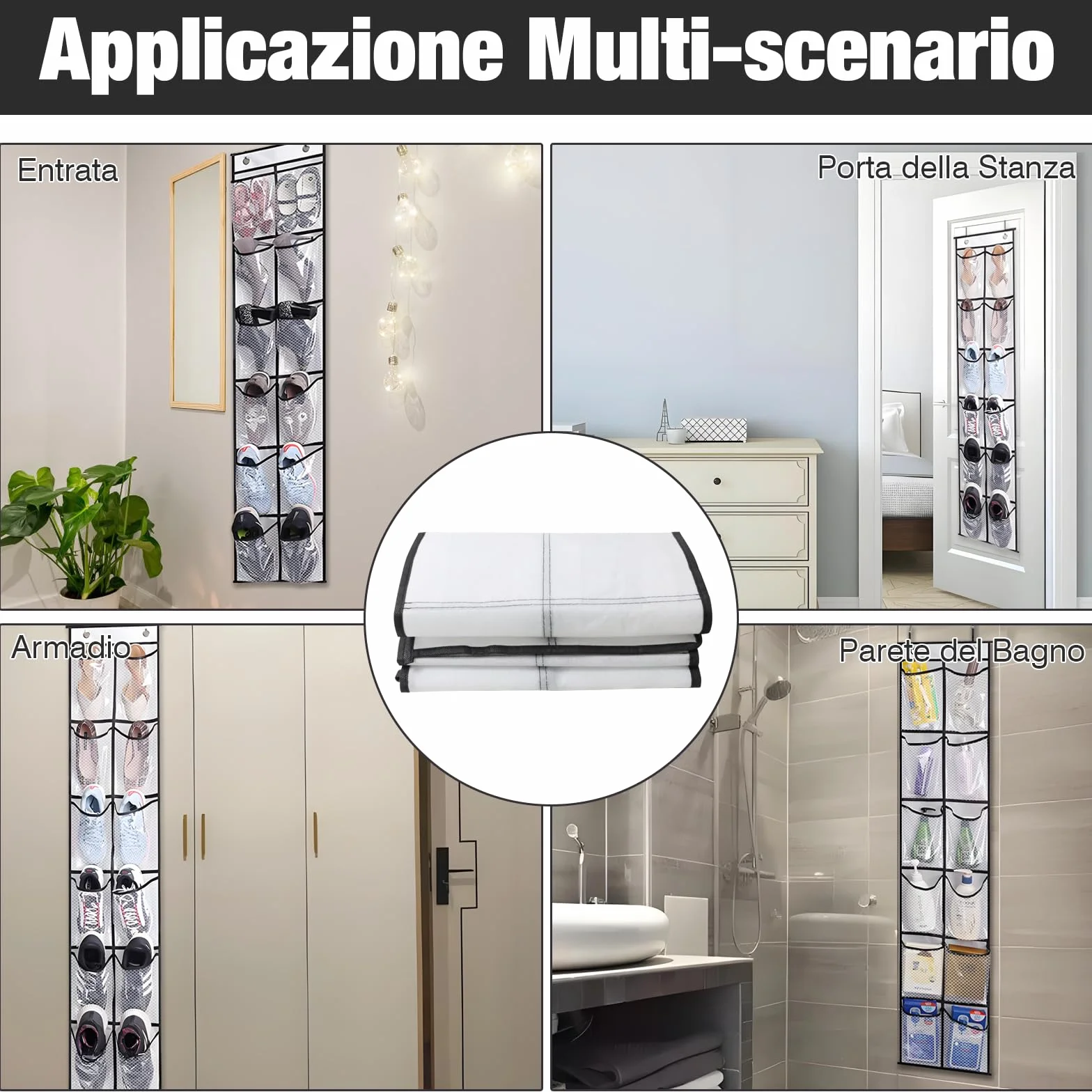 Pieghevole Organizer da Appendere con Gancio, Porta Scarpe a 12 Scomparti, Senza Perforazione
