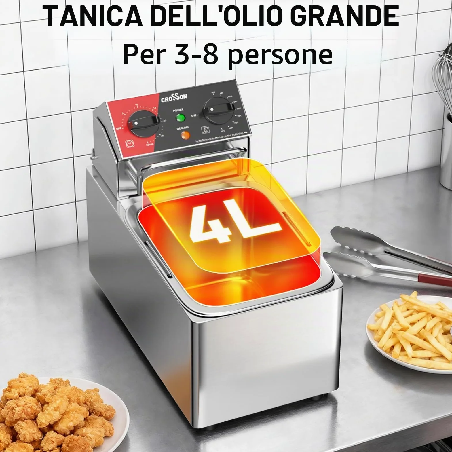 CROSSON Friggitrice Elettrica Professionale 4L 2000W Friggitrice a Olio Elettrica con Cestello e Coperchio,Riscaldamento Rapido,per Cucina Hotel Ristorante，serbatoio singolo da 4L