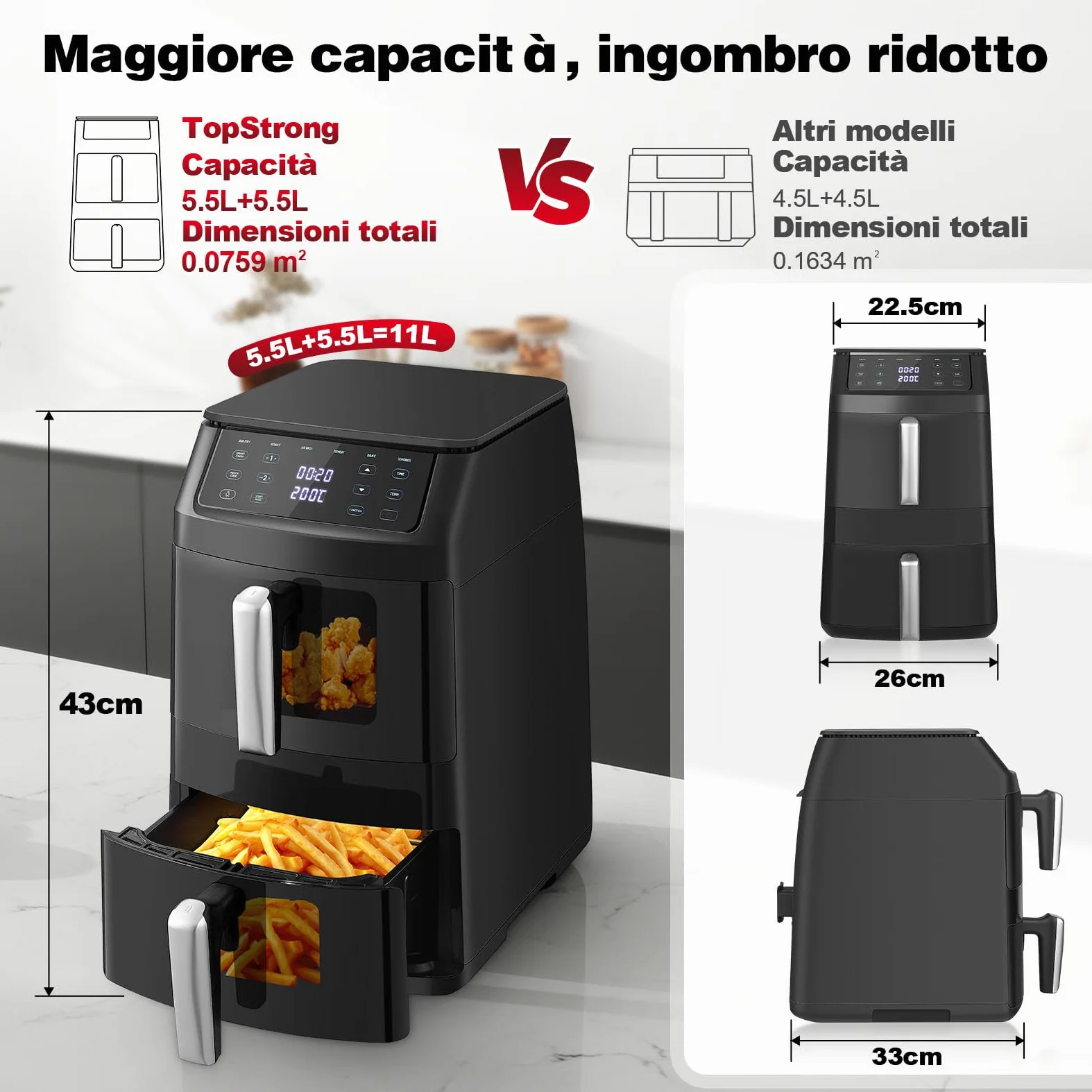 TopStrong Friggitrice ad Aria Doppio Cestello, 11 Litri Air Fryer Verticale 2 Cestelli con Finestra, 40-220℃, 6 Funzioni, Compatta, 2500W, Fino a 8 Persone, Componenti Lavabili in Lavastoviglie