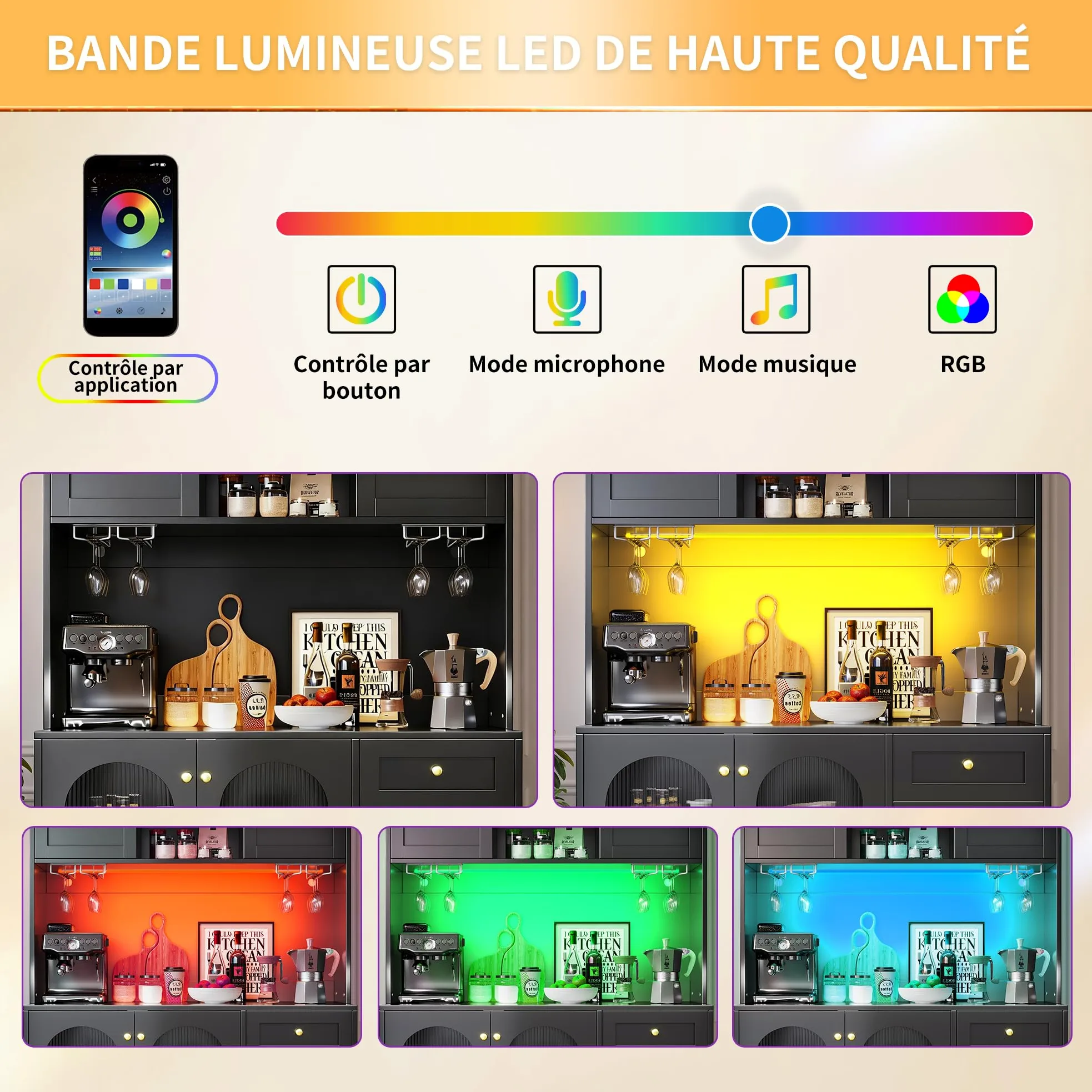 Mobile da cucina a buffet, 120 x 40 x 188 cm, stile rustico, 4 ante, con striscia luminosa a LED e porta bevande, colore nero.