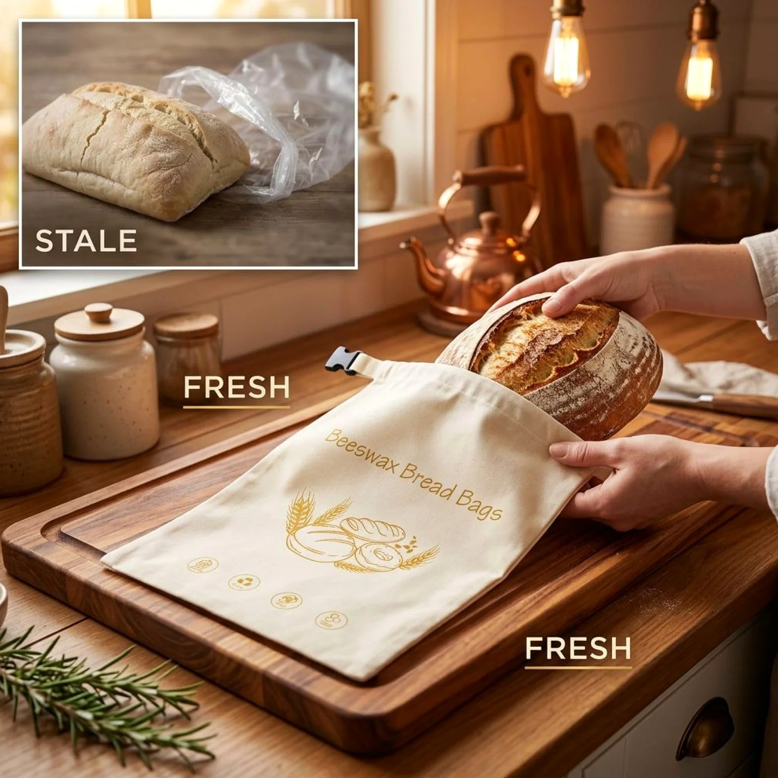 2 sacchetti per pane in cera d'api con fibbia, riutilizzabili, in cera d'api, beige, 18 x 13 x 6,1 cm, per pasta madre fatta in casa, aiutano a mantenere il pane fresco