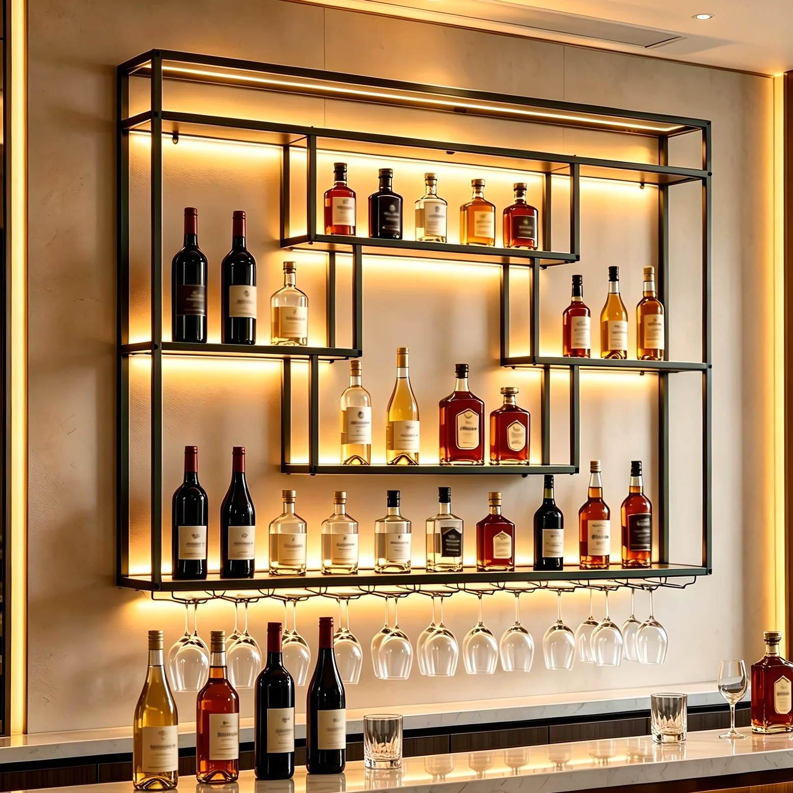 140cm Portabottiglie da Parete con luce LED, Metallo Porta Bottiglie Vino Con Portabicchieri, Grande Espositore per Bottiglie di Vino, Per Bar Domestico, Sala da Pranzo