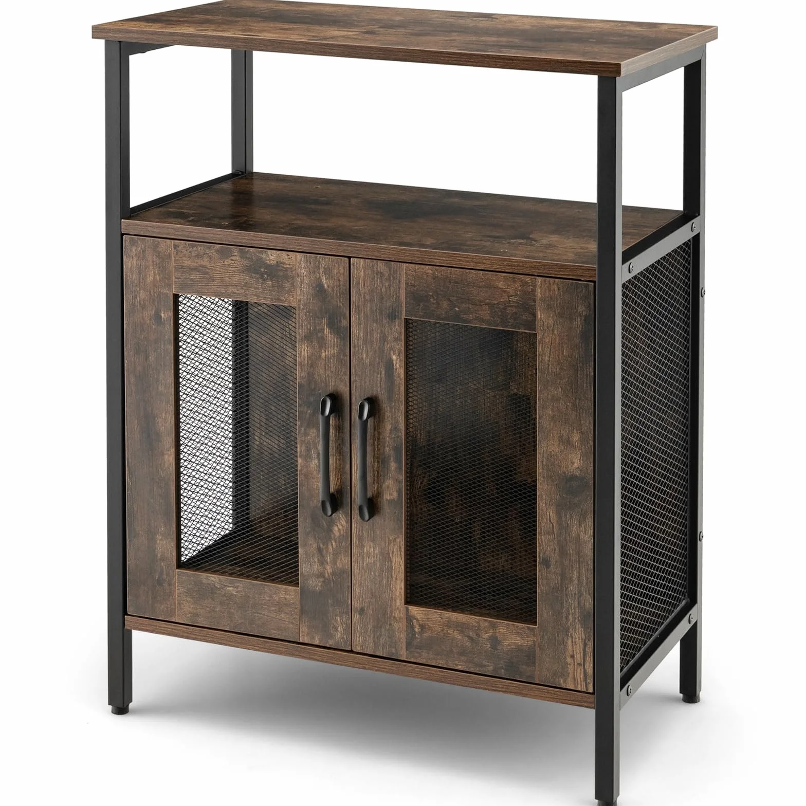 GYMAX Armadio per Vino per 5 Bottiglie Rimovibile, Armadietti di Vino con 6 Porta Calici, Mobile da Vino in Rete Metallica per Cucina, Sala da Pranzo, Industriale, 60 x 34 x 79 cm (Marrone)
