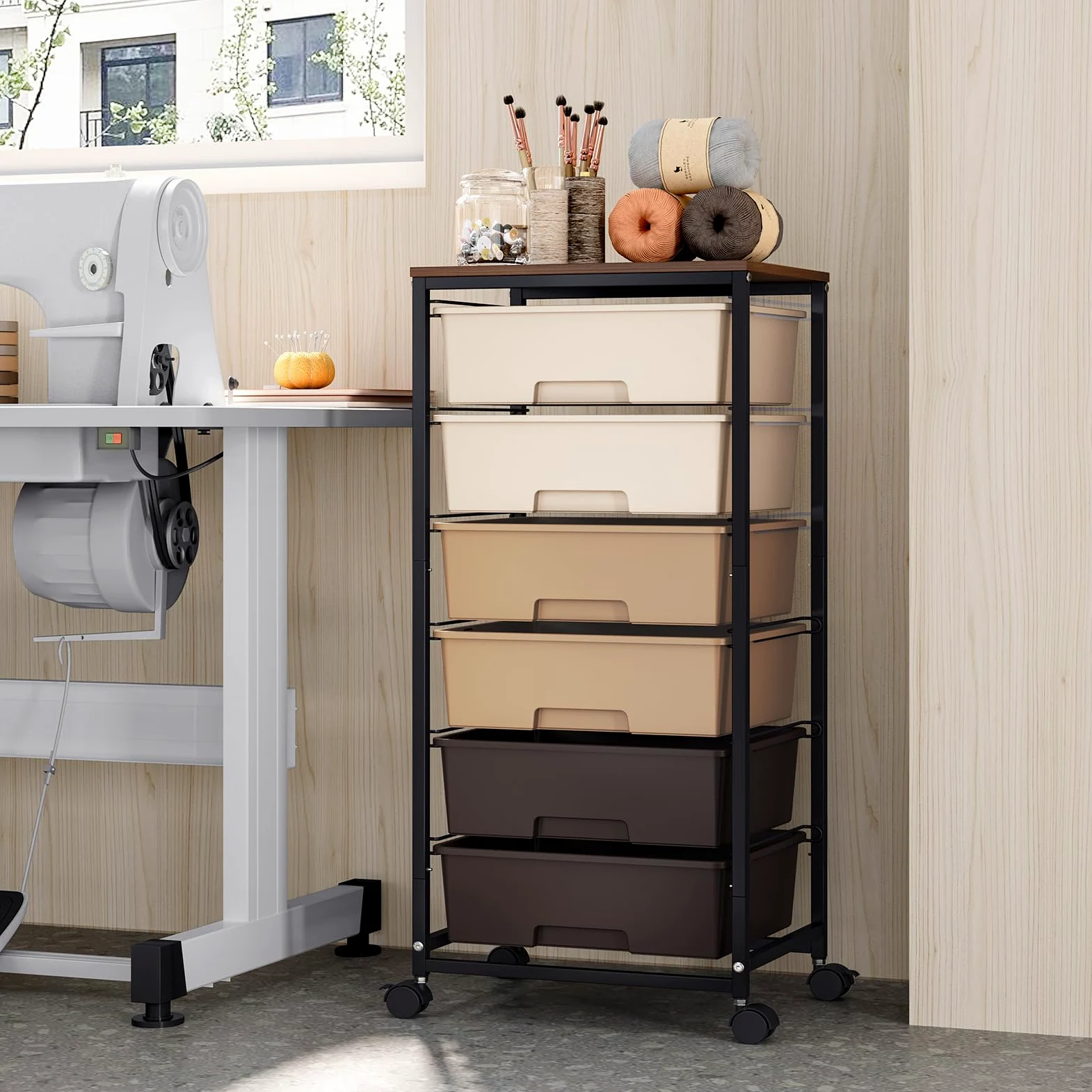 Carrello a 6 cassetti con piano in legno, robusto contenitore in plastica, per ufficio, cameretta dei bambini e fai da te, carrello con ruote bloccabili, colore marrone