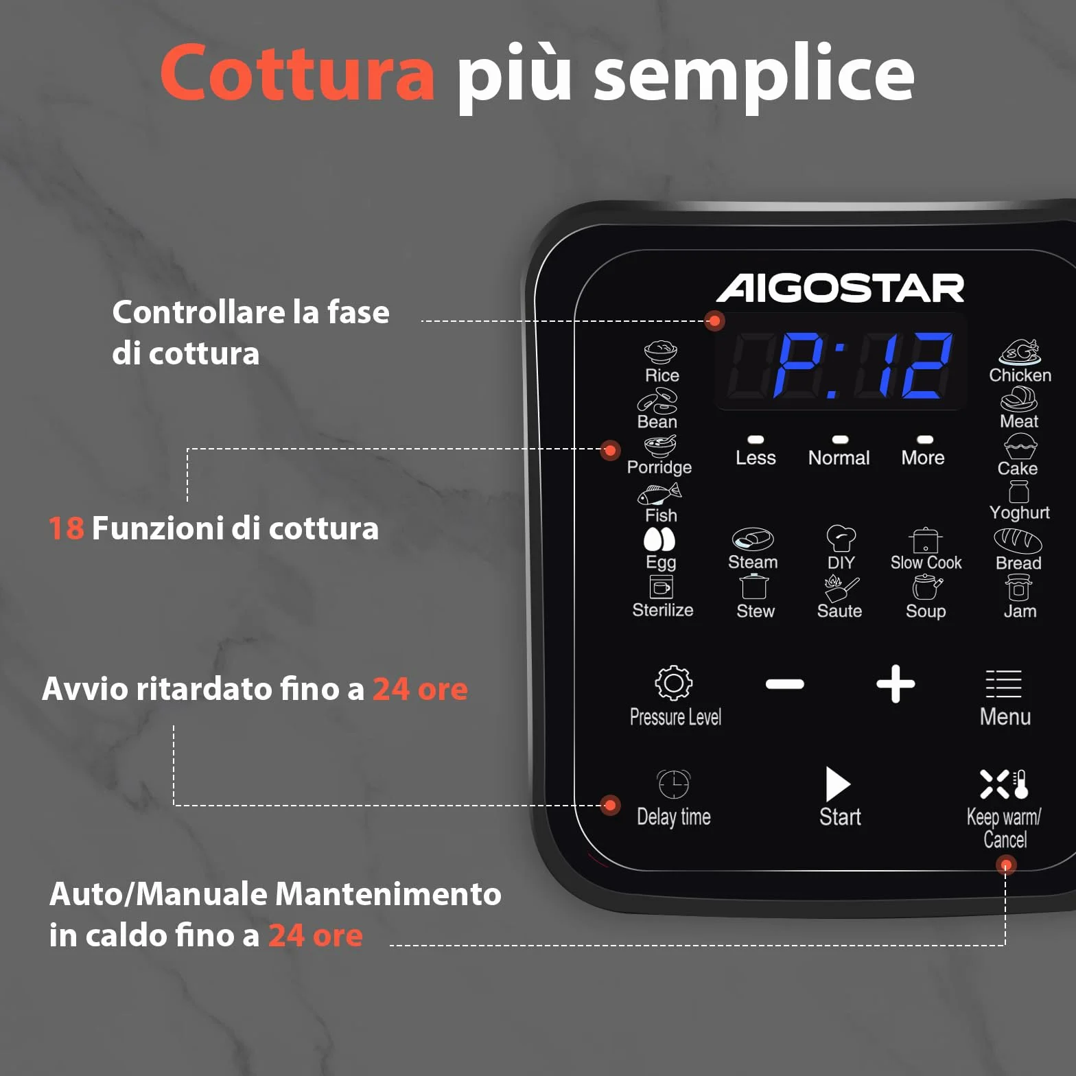 Aigostar Pentola a Pressione Elettrica 6L 1000W, 18 Programmi, 3 Livelli Pressione, Timer 24H, Mantieni Caldo, Display LED