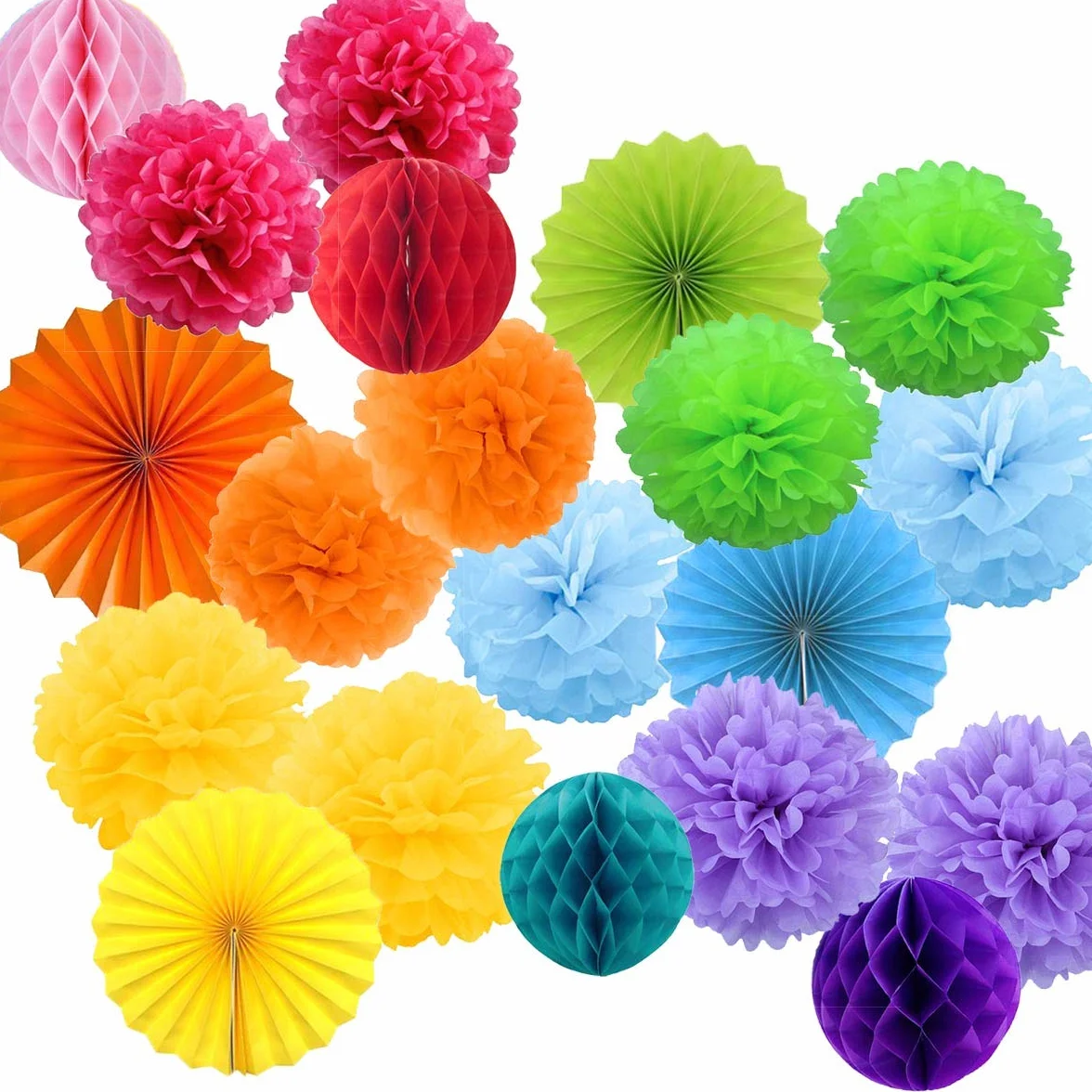 20 pompon multicolore decorazione compleanno, pompom fiori in carta velina, ventagli e palline di carta ghirlande Deco Carnevale -20 pezzi