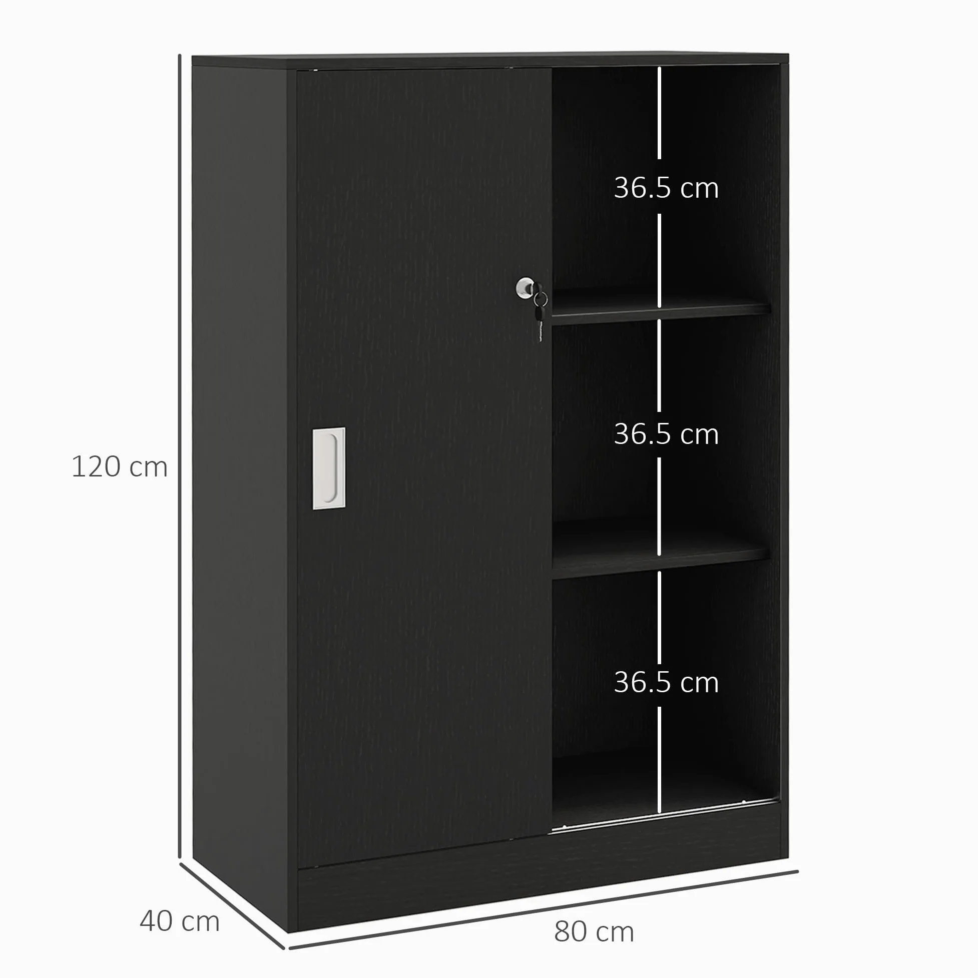HOMCOM Armadietto da Ufficio a 3 Ripiani e ad Anta Doppia, Mobiletto Armadio da Ufficio in Legno, Mobiletto Multiuso con Chiusura e 2 Chiavi di Sicurezza per Studio, Garage e Soggiorno, Nero