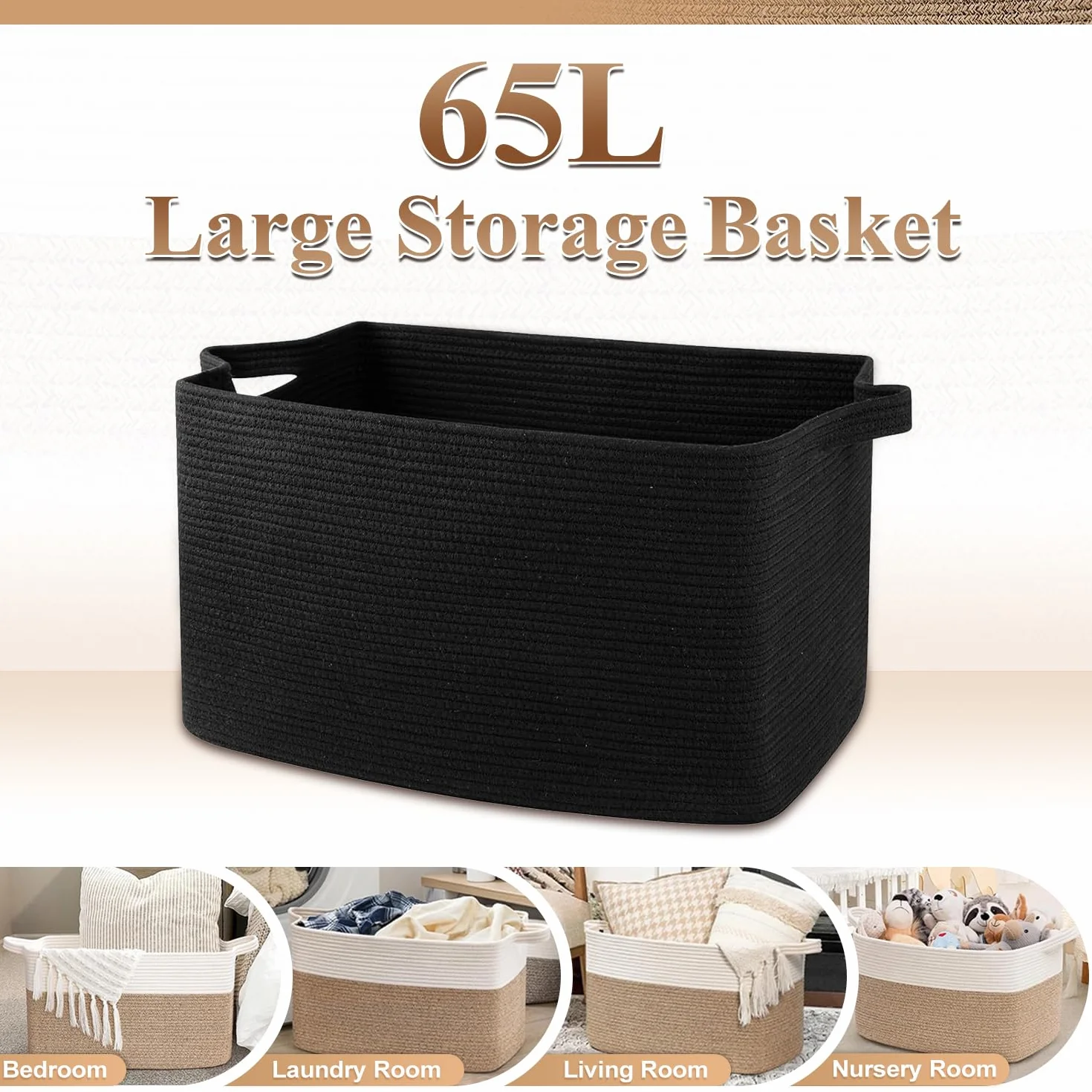 Esteopt Cesto portaoggetti pieghevole extra large da 65 l, con manici, in tessuto resistente, per giocattoli, coperte, vestiti stagionali, design pieghevole salvaspazio (55 x 38 x 30 cm) (nero)
