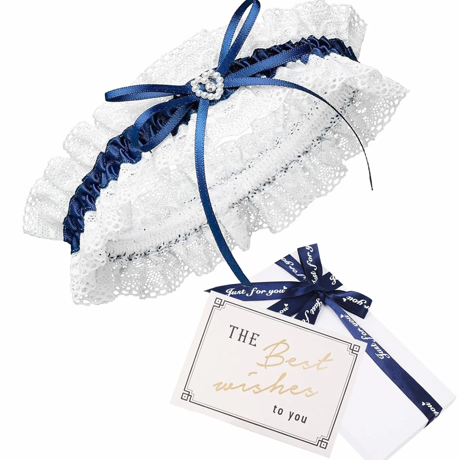 Giarrettiera da Sposa in Blu per Il Matrimonio, Nastro Decorato con Pzzo, Fiocco e Un Cuore Nobile Fatto di Bbrillantini, Regalo Giarrettiere Sposa, Fatto a Mano