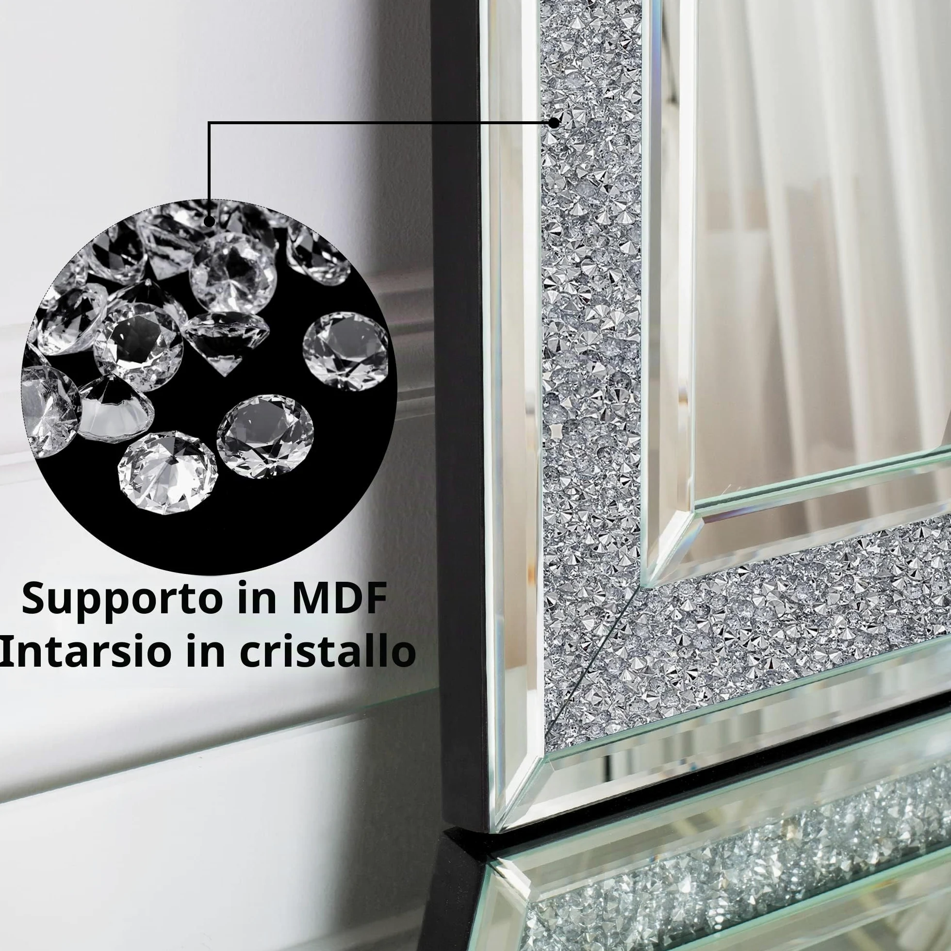 SHYFOY Specchio da Parete Rettangolare | Specchio Decorativo da Parete con Decoro Diamante in Cristallo | Specchio Grande e Lussuoso per Bagno Soggiorno Camera da letto Ingresso | 90 x 60 cm |