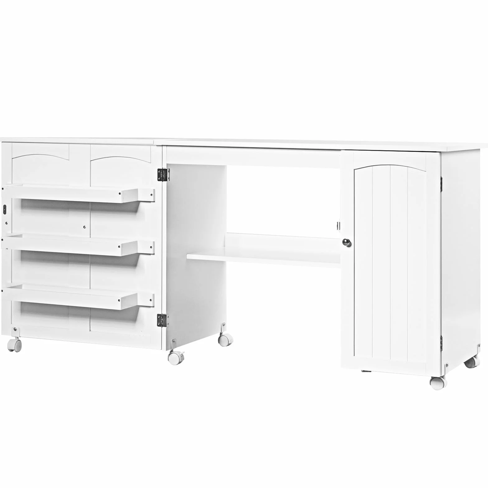 LIFEZEAL 3 in 1 Armadietto per Cucito, Tavolo per Macchina da Cucire, Salvaspazio, Pieghevole, Mobile, Tavolo da Stiro, Credenza, 6 Ruote, 3 Mensole e 1 Ripiano, Ampio Piano, 158,5x50x74cm (bianco)