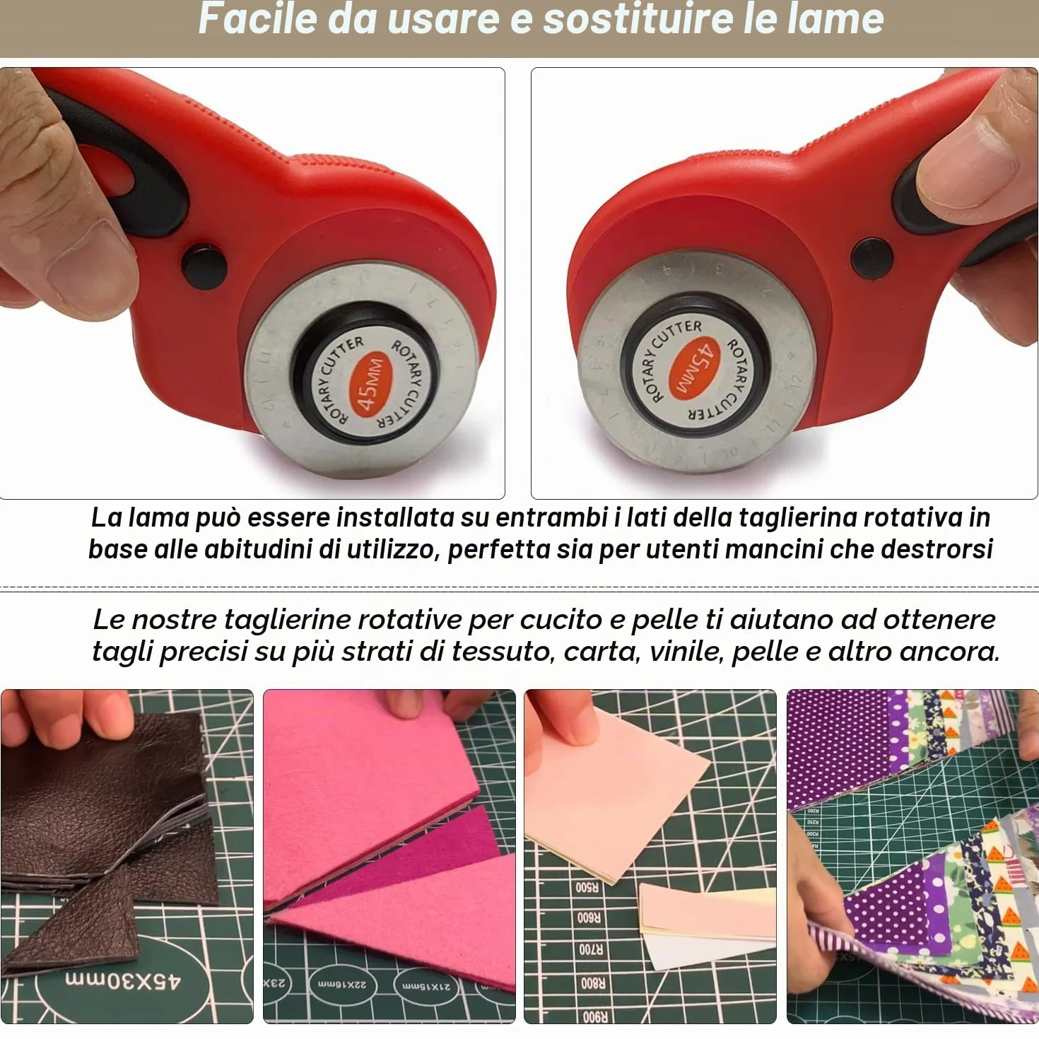 Rotary Cutter 45mm 5 Lame Sostituibili Taglierina Rotante per Tessuti Quilting Cucire