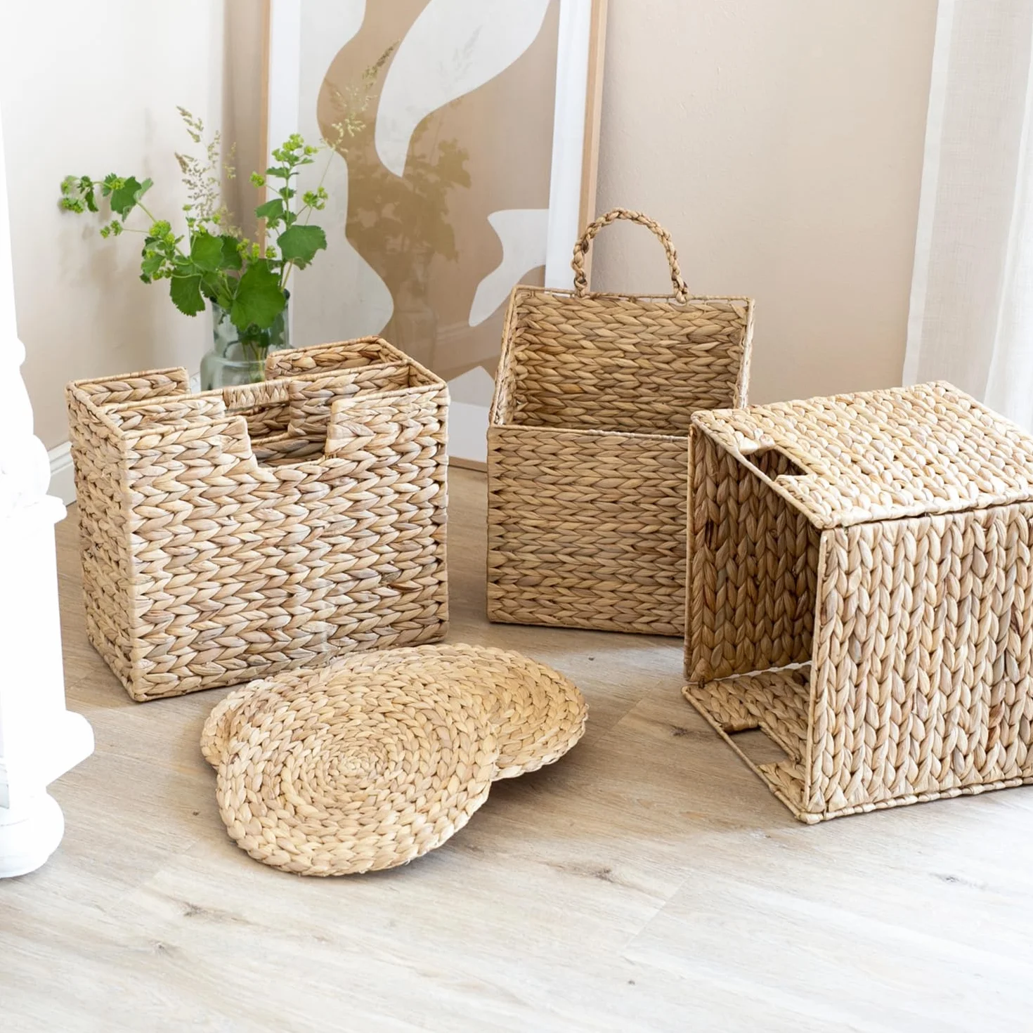 HMF Cestino portaoggetti da scaffale compatibile con Kallax, cestino intrecciato in giacinto d’acqua con manici, inserto per scaffali a cubi | Set da 2 | 32 x 34,5 x 32 cm | Naturale