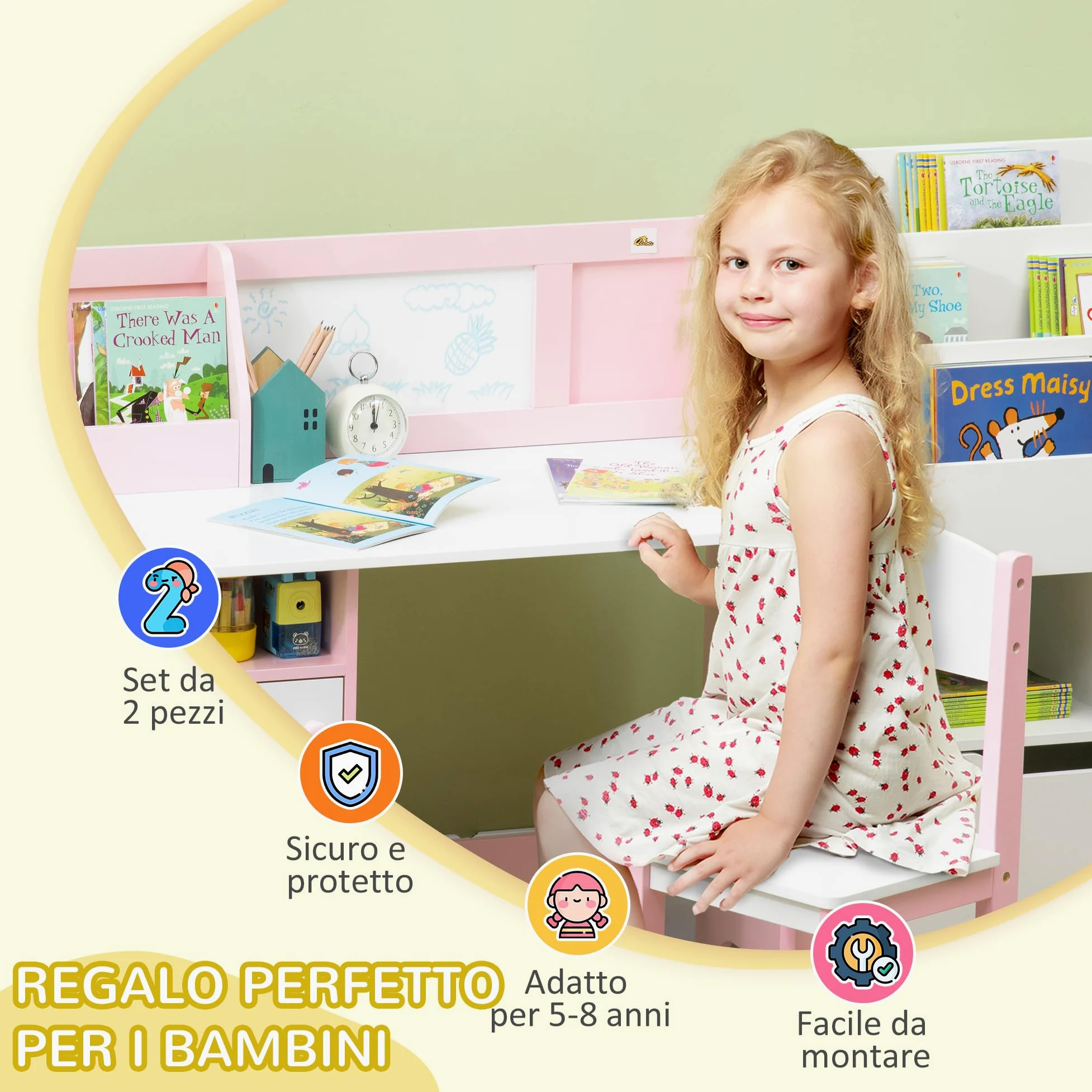 HOMCOM Set Tavolo e Sedie per Bambini 5-8 Anni in Legno con Banco Scuola, Set di Mobili per Bambini con Spazio Portaoggetti e Lavagna Bianca e Sedia, Bianco e Rosa