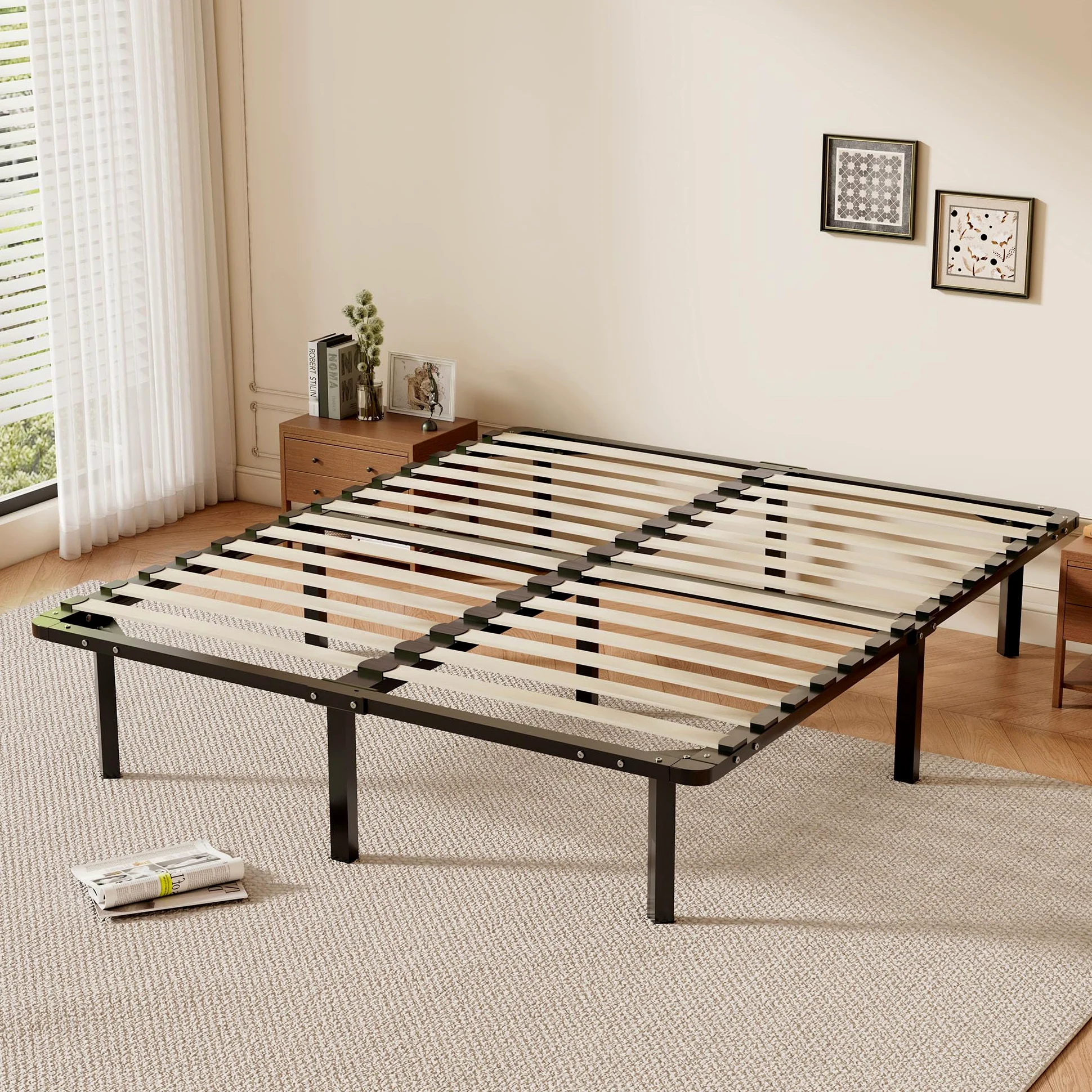 TEENO Rete Letto Matrimoniale 160x190 a Doghe in Legno,con 9 Gambe e 2x14 File di Doghe,Alto Sotto Letto 32 cm per Ampio Spazio di Archiviazione,Adatta a Tutti i Tipi di Materassi,Stile Moderno