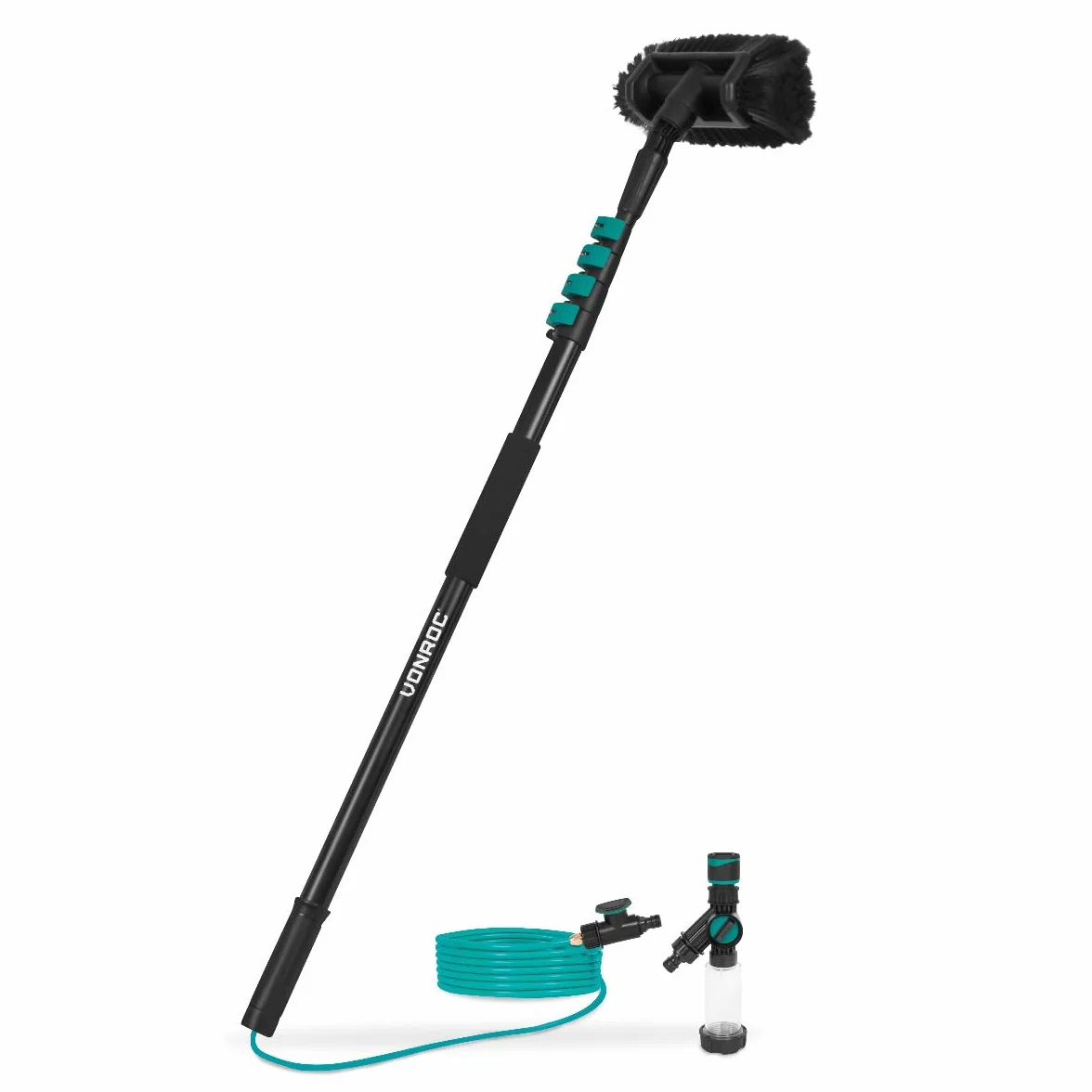 VONROC Spazzola telescopica- 4,60 m - Include spazzola multiuso, tubo flessibile da 6 metri e dispenser di sapone