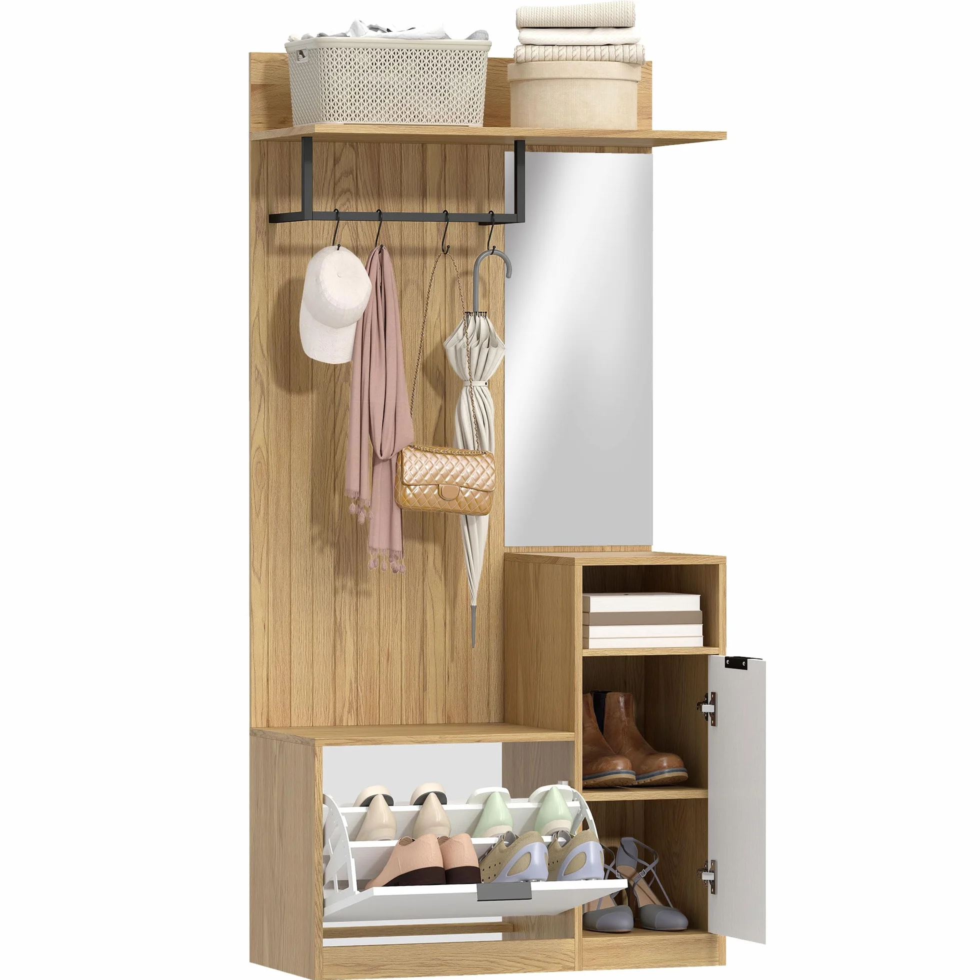 HOMCOM Appendiabiti da Ingresso con Specchio, 4 Ganci, Panca e Scarpiera, Mobile Appendiabiti con Armadietto e Ripiano Aperto, Gambe in Legno, per Ingresso Corridoio, Rovere e Bianco