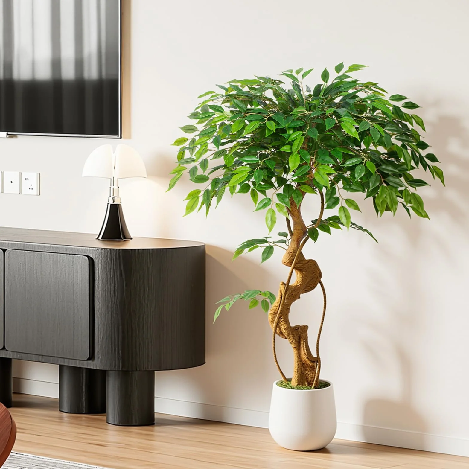 Pianta artificiale, albero di ficus, 120 cm, con vaso bianco, grande come reale, con tronco curvo e 930 foglie, albero artificiale per decorazione di interni, soggiorno, camera da letto