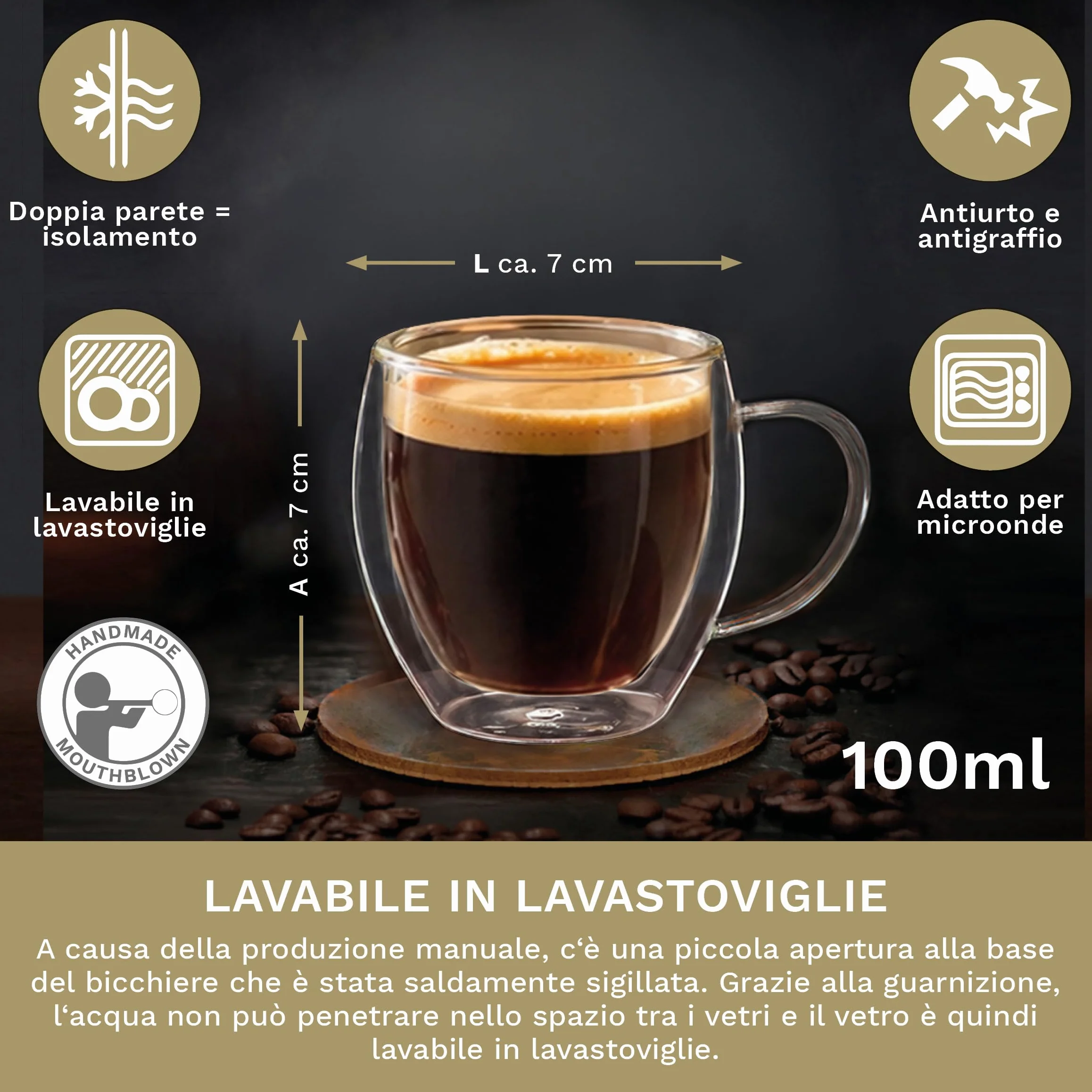Set 6 Tazze Espresso 100ml Doppia Parete Vetro Borosilicato Effetto Galleggiante Bicchieri Termici Isolanti