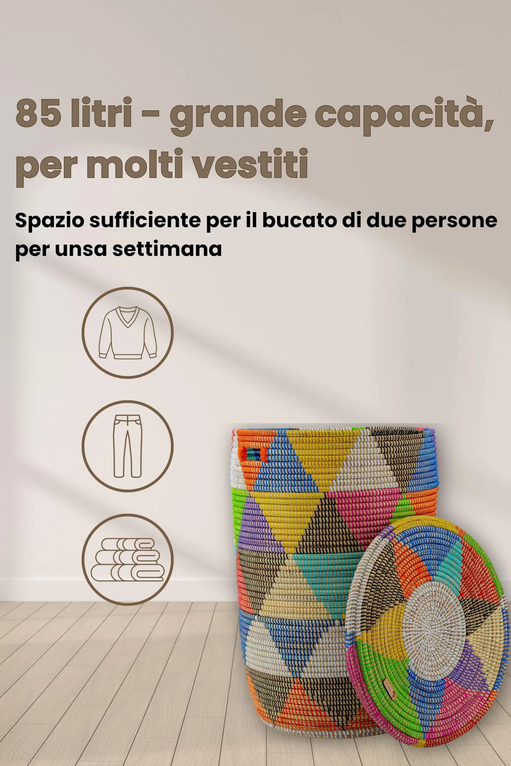 YAADU Cesto per biancheria con coperchio 80L - Raccoglitore per biancheria XXL, cesto con coperchio grande, scatole per biancheria, cesto africano, Modello Khaliss (Triangoli-Colorati-Piatti)